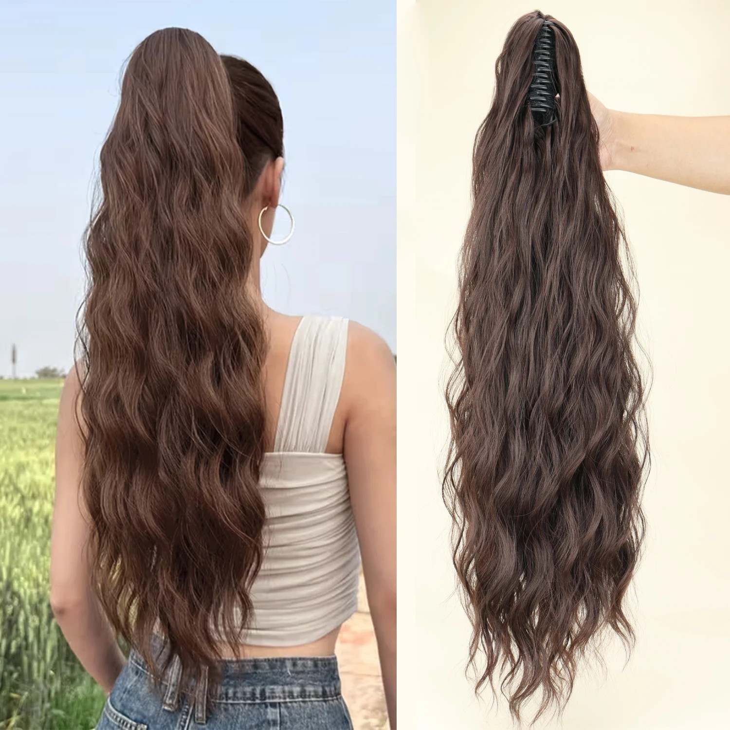 Heat Resistant Fiber Fluffy Messy Water Wave Claw Clip Ponytail Hair Extensions