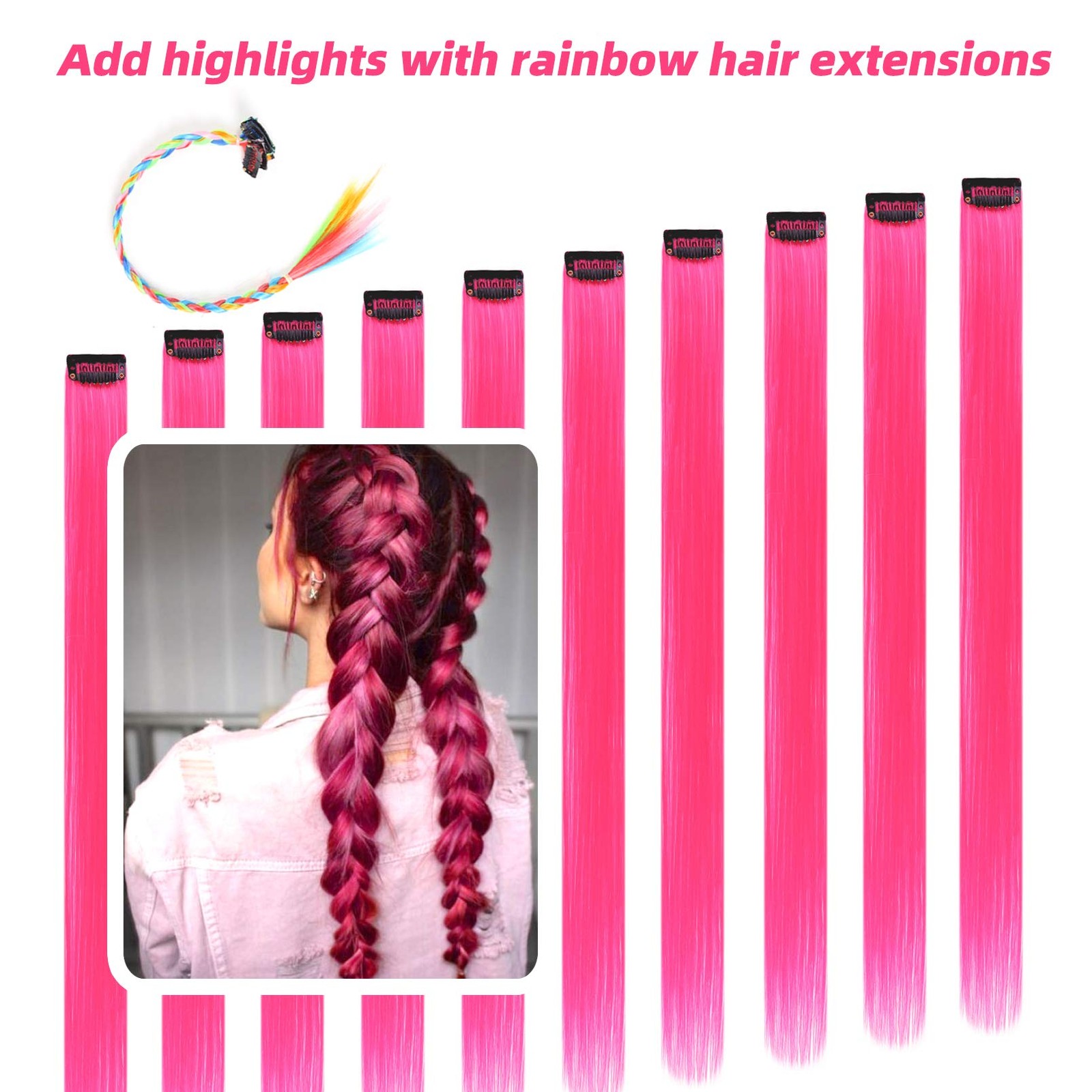 Pink Hair Extensions Clip in, 22 Inch 10 Pcs Long Straight Colored, for Women…