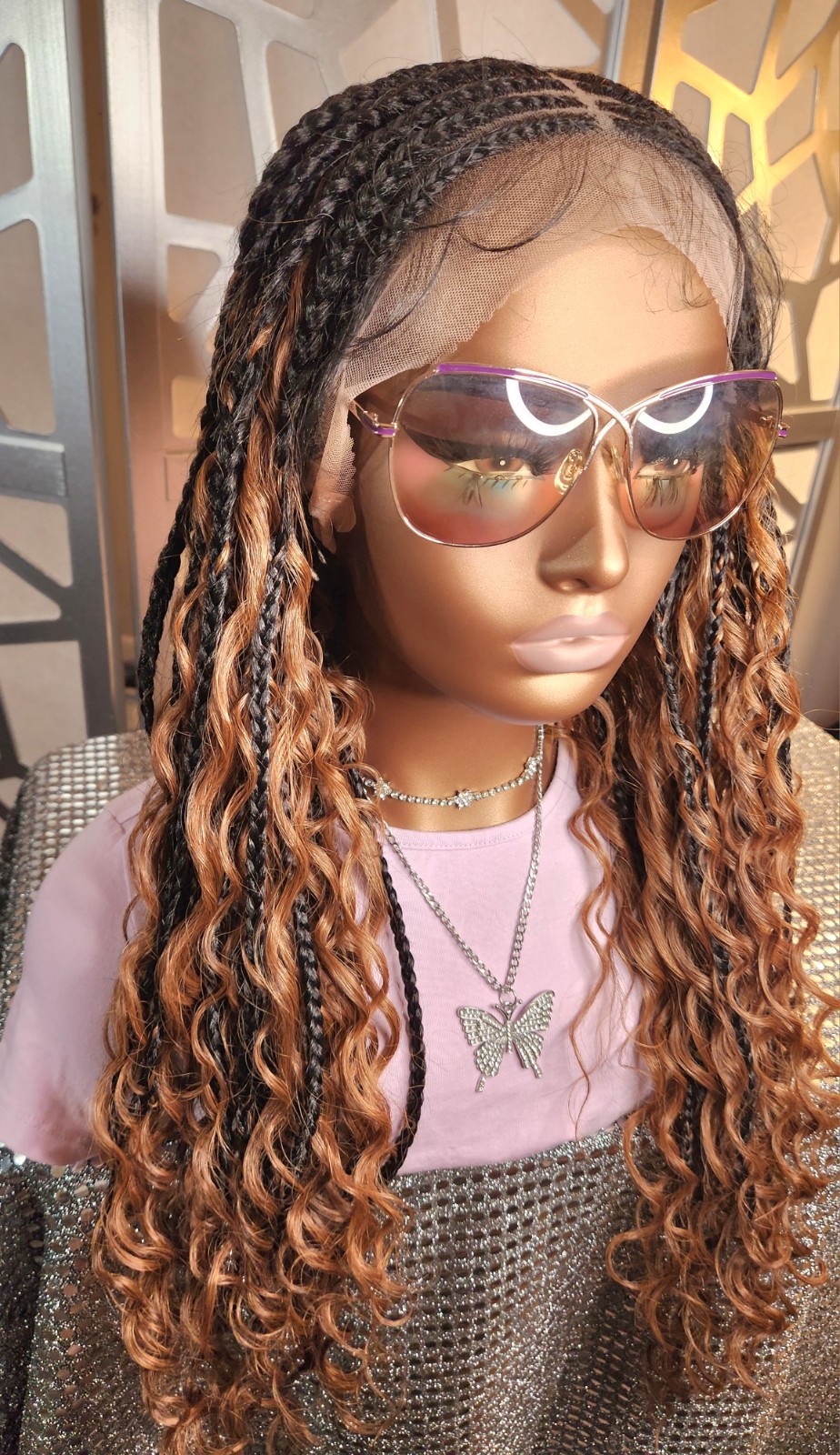 Boho Knotless Box Braids Wig 13×6 Lace Front Ombre Black Auburn Curly Ends