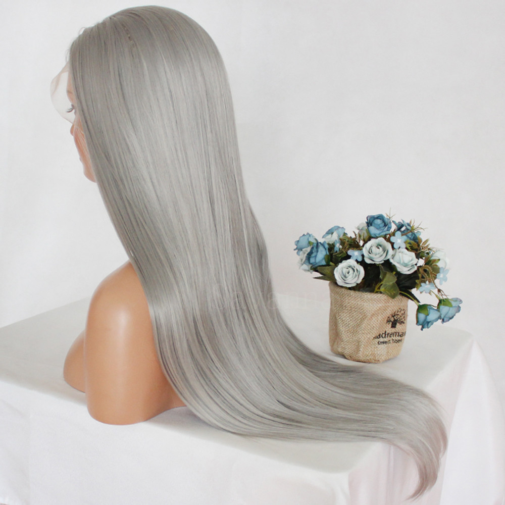 Gray Lace Front Wig Long Silky Straight Heat Resistant Synthetic Hair Women Wigs