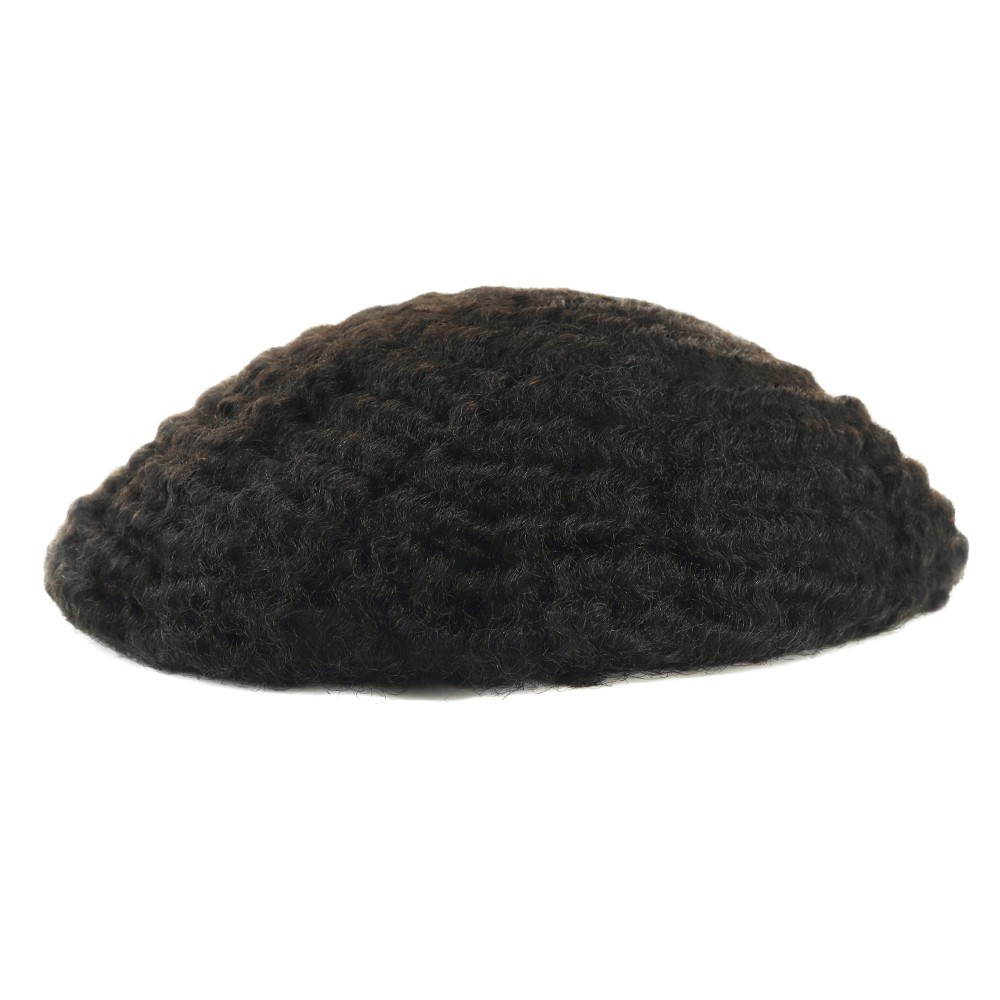 Mens Toupee Human Hair Afro Curl 8mm Full Lace Wig for Men Black Hair System #1B