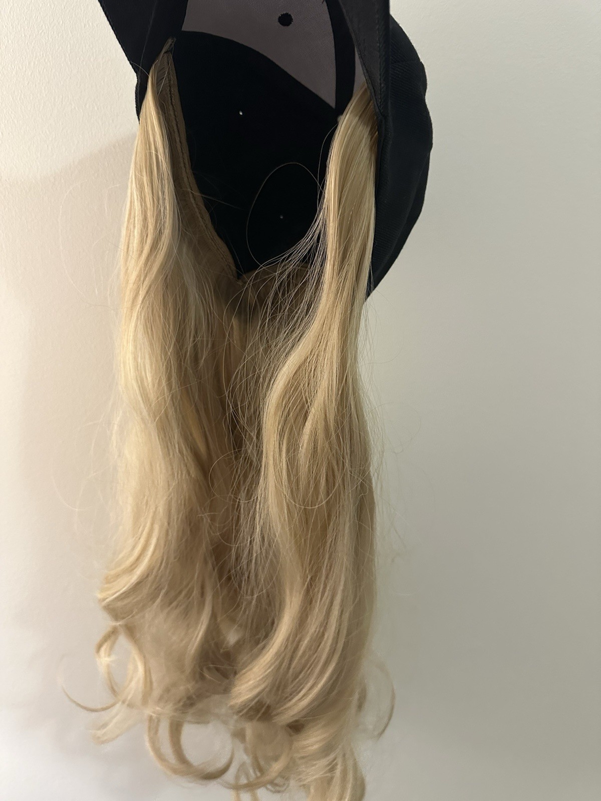 Baseball Hat Wig, attached 24” Adjustable Black Cap with Long Wavy Synthetic