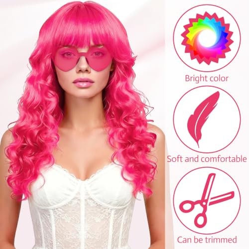 Neon Wigs for Women with Heart Sunglasses, Colorful Long Curly Wigs Hot Pink