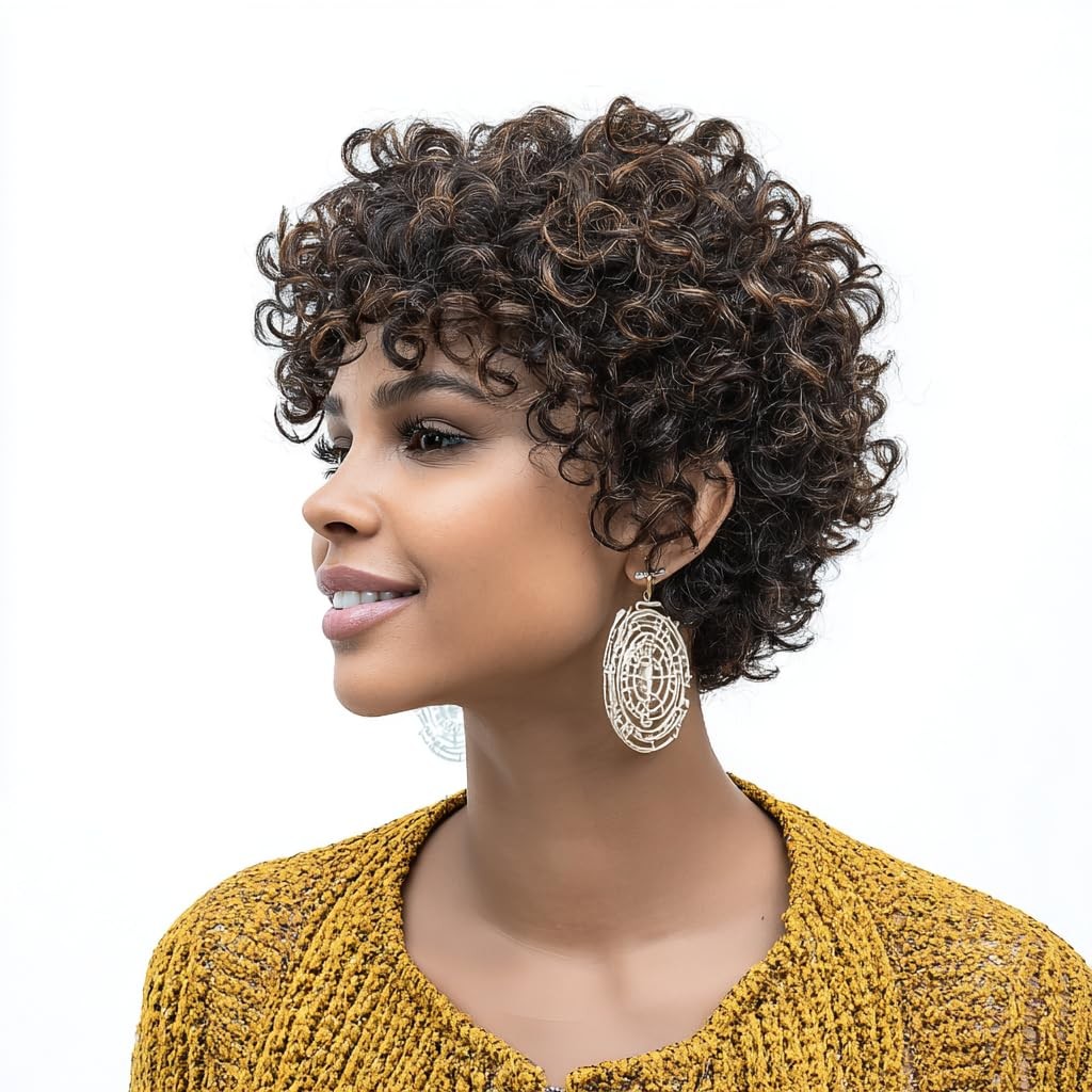 MUJGOO Short Curly Wig for Black Women Brown Highlight 22.5 Inch,
