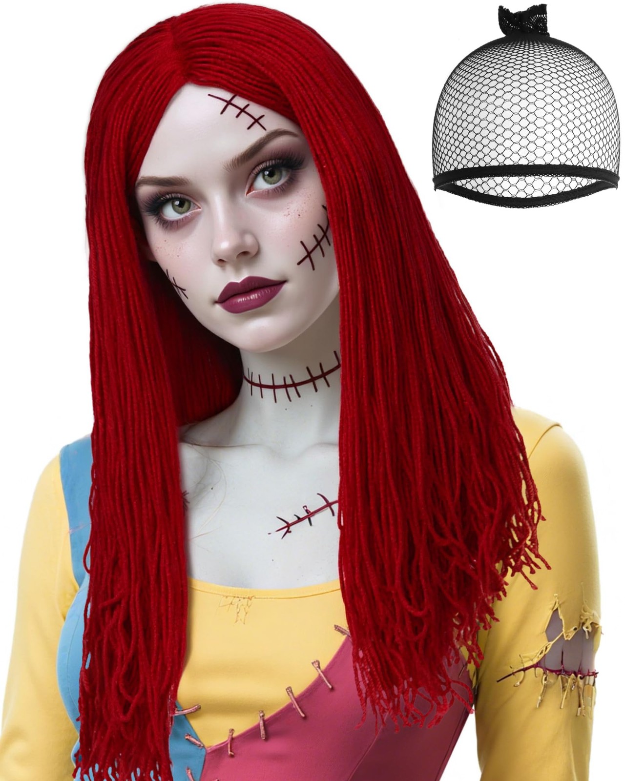 Hair Cap+ Sally Wig Cosplay Long Straight Wig Middlepart Red Cosplay Wigs for…
