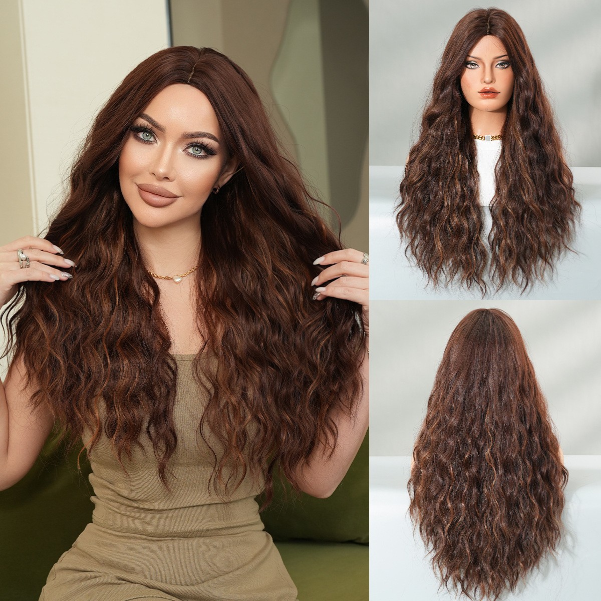 Honey Brown Middle Part Long Curly Full Wig for Women Fluffy Synthetic Hair Wig