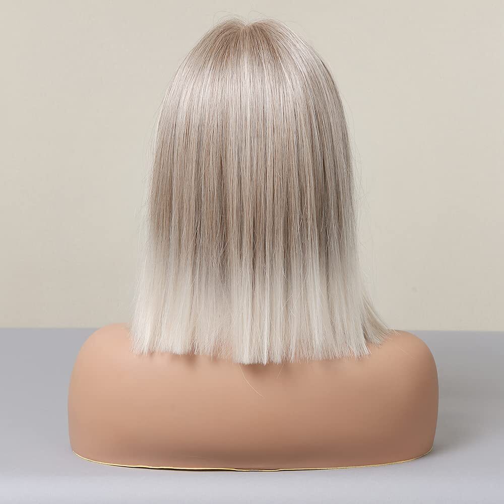 Ash Blonde White Balayage Highlights BOB 12 inch Wig Straight Lace Front Wigs
