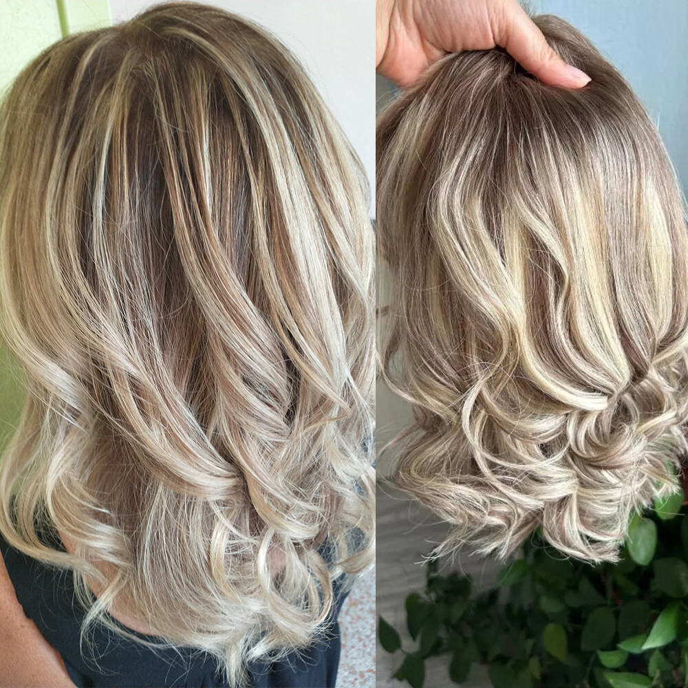 Ombre Ash Blonde Wavy Highlight 100% Human Hair Lace Front Wig For Women 12 Inch