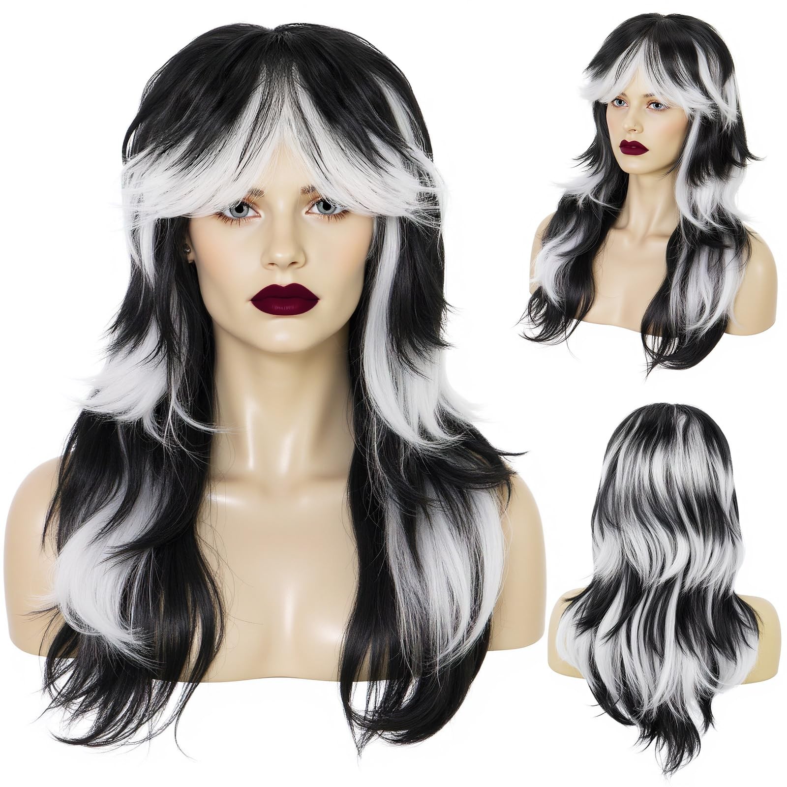 IMEYLE Black and White Wig Long Black White Gradient Wavy Wigs Layered Wolf C…