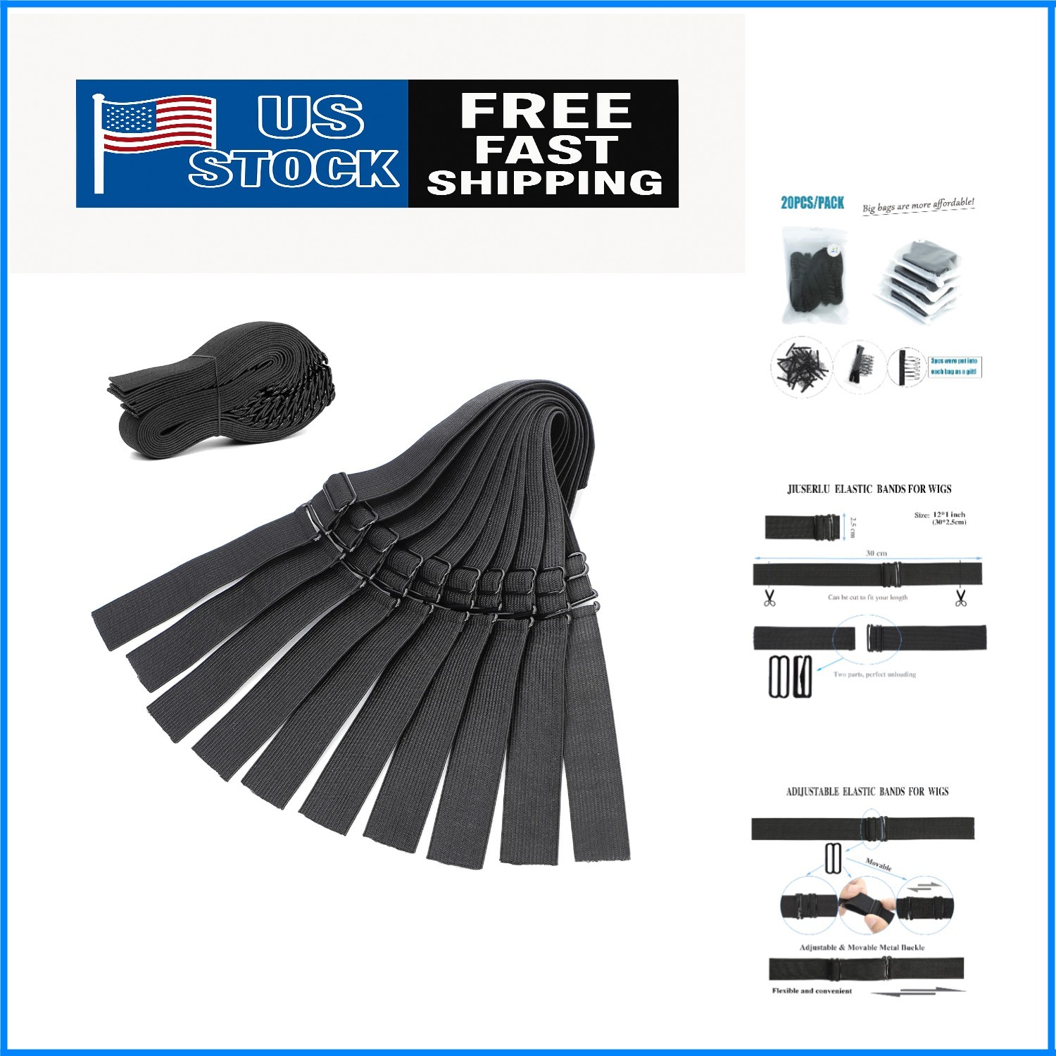 Black Adjustable Wig Bands – 1‘’ x 20pcs for All Wig Styles and Comfort