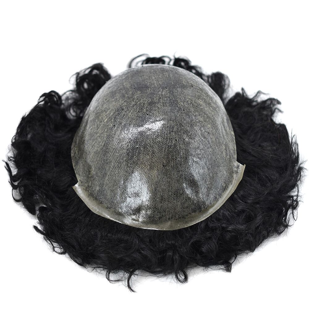 Afro Curl Mens Toupee Poly Skin Hair System Replacement for Men Breathable Holes