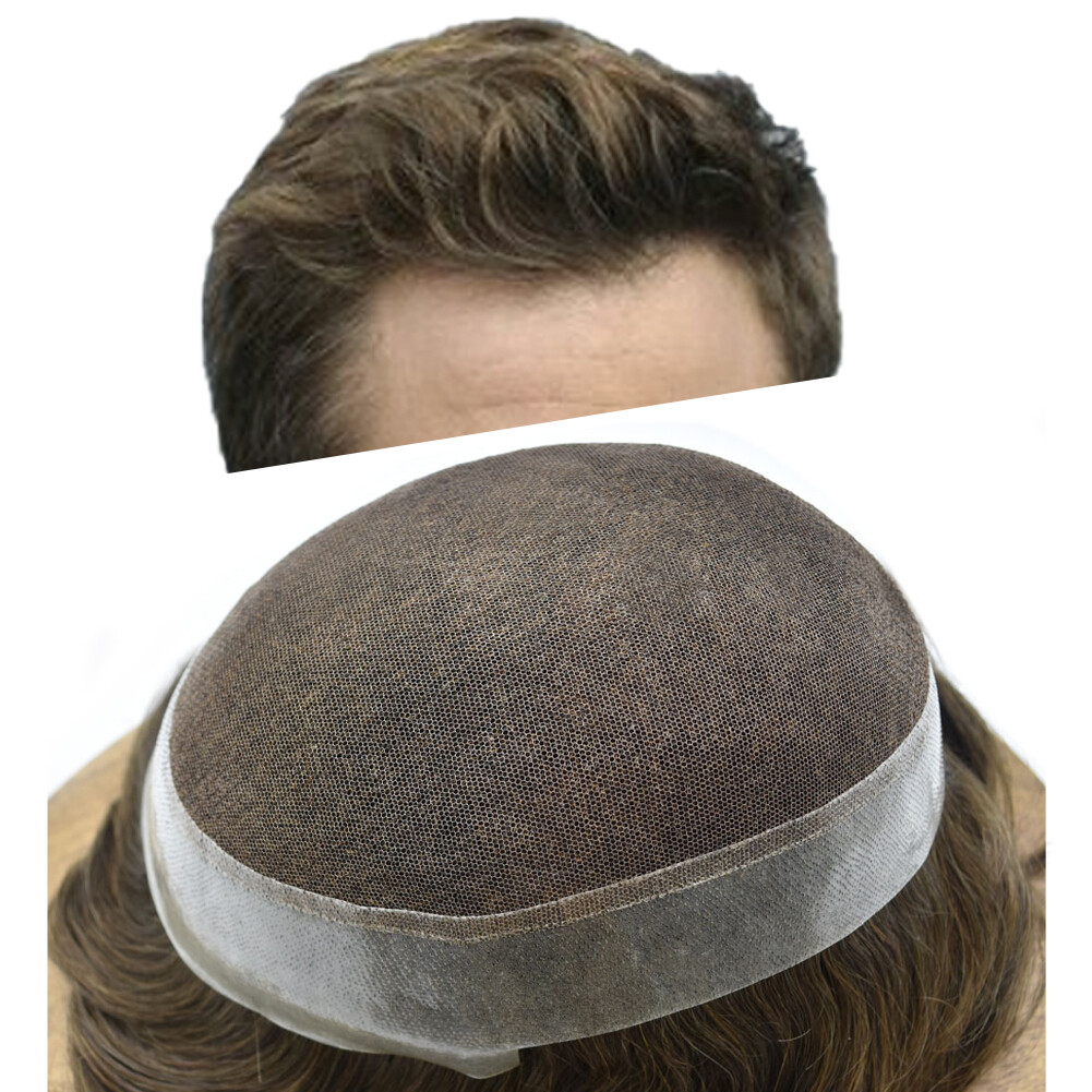 Mens Toupee French Lace Poly PU Hairpiece Wig Soft Human Hair System Replacement