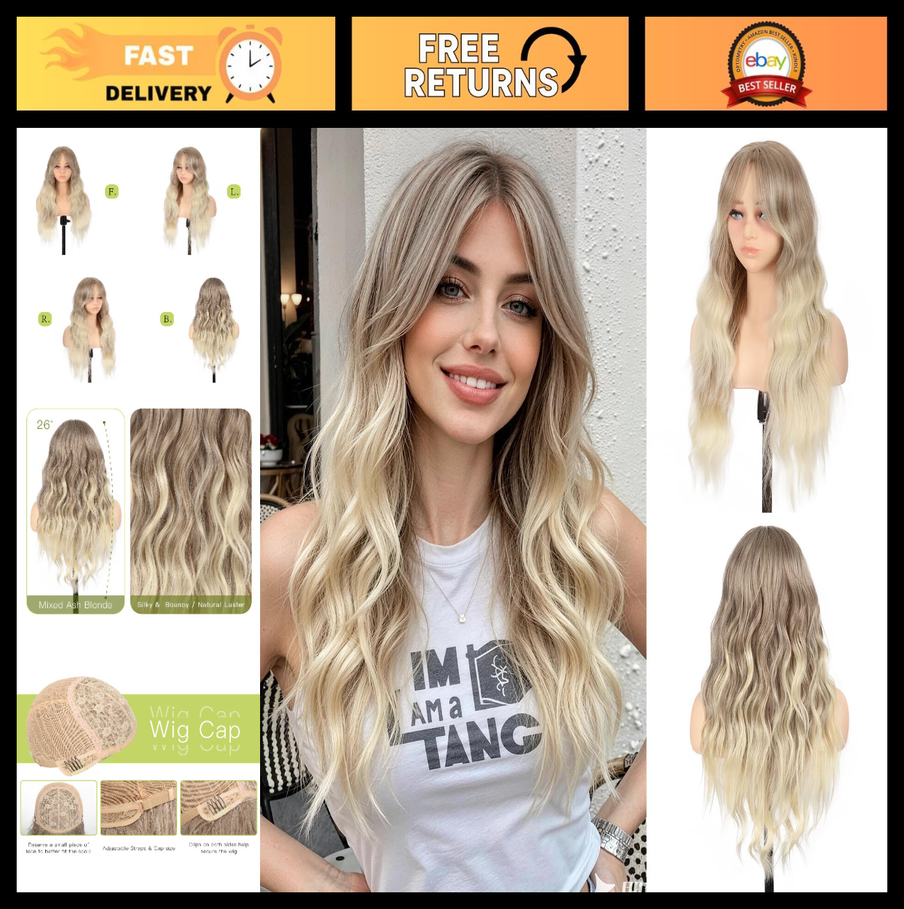 26″ Long Wavy Ombre Ash Blonde Wig with Curtain Bangs – Heat Resistant, Natural