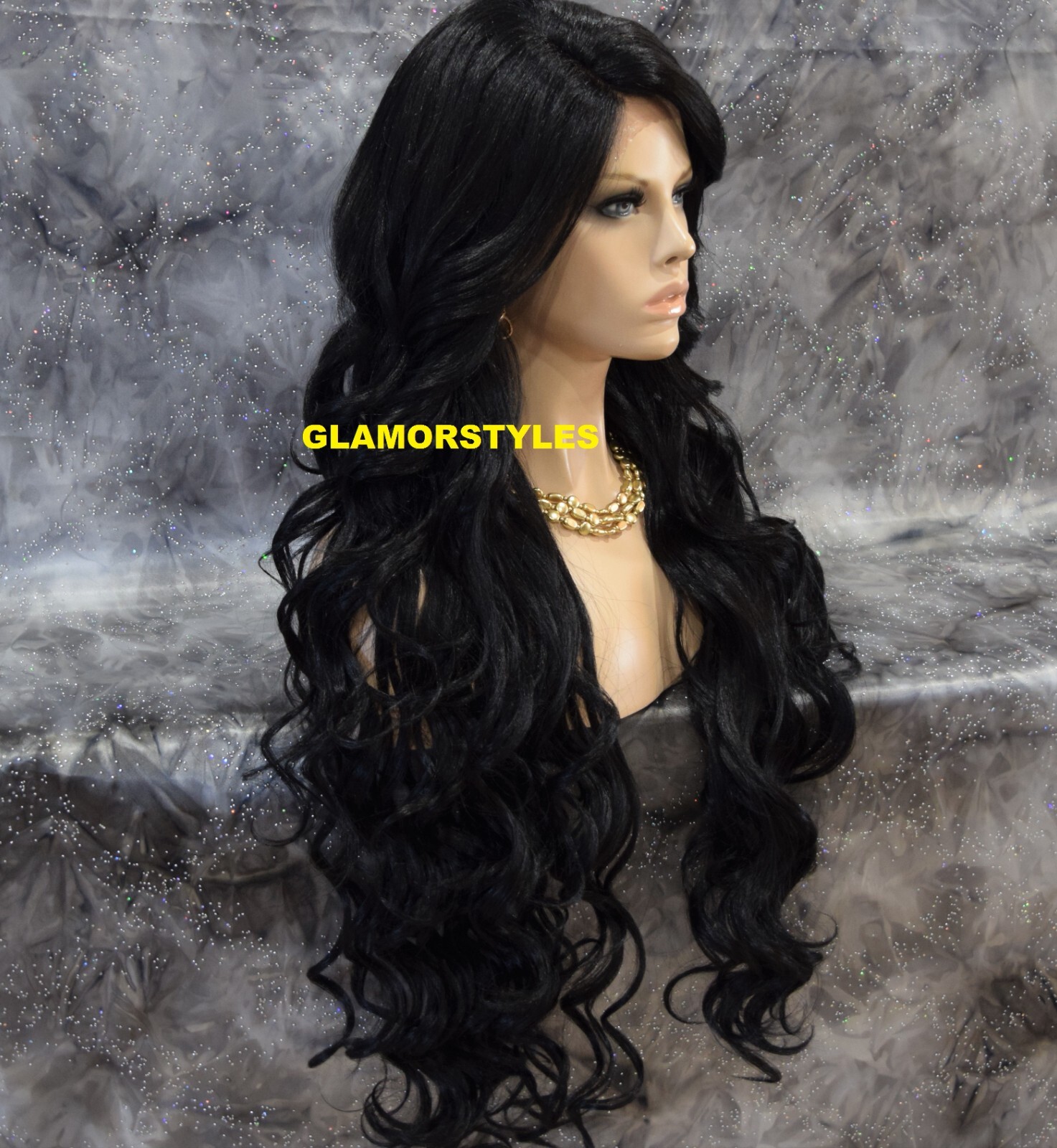 LACE FRONT FULL WIG EXTRA LONG WAVY LAYERED SIDE PART JET BLACK #1 HEAT OK NWT