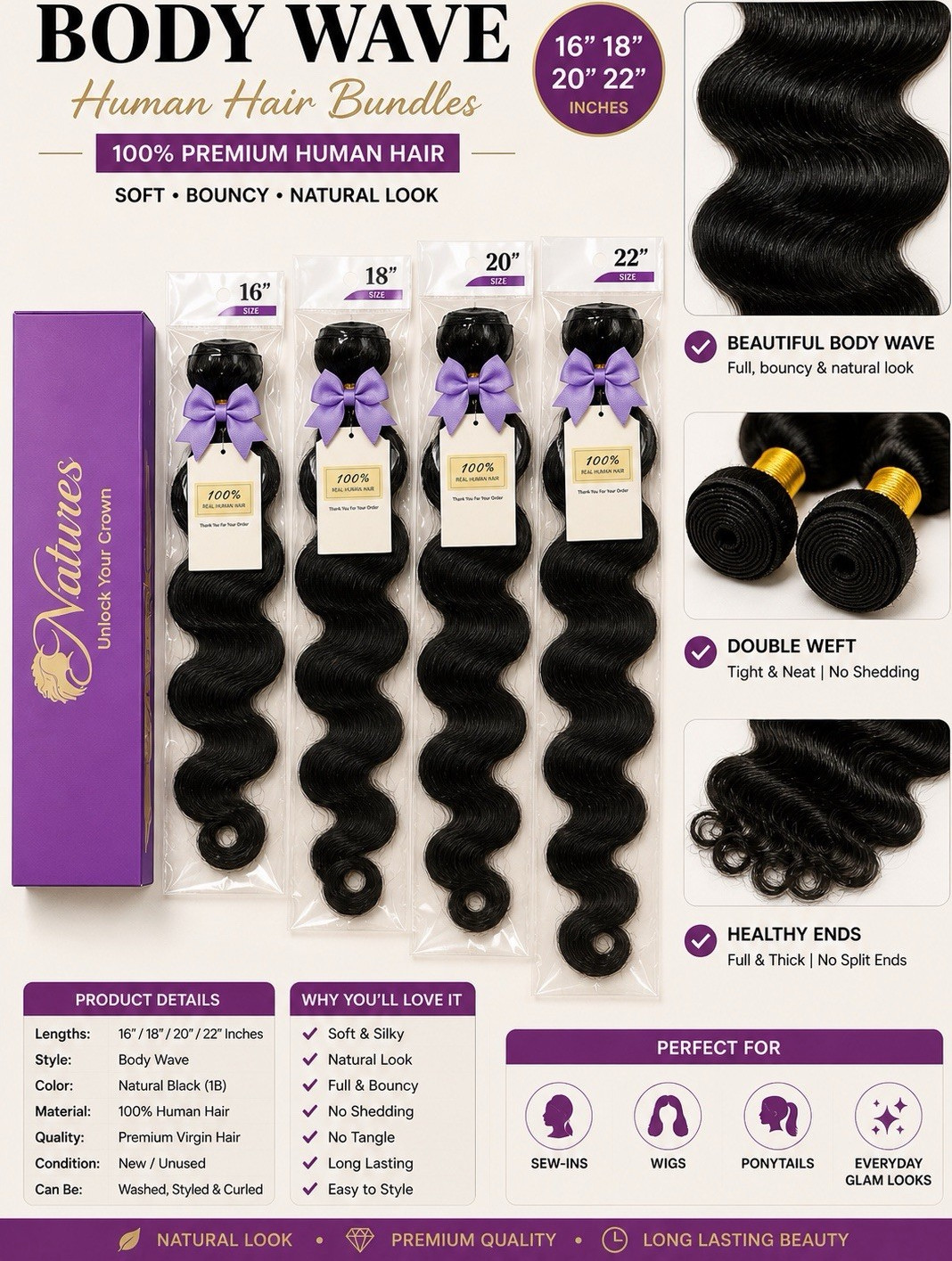 Naturals Body Wave Human Hair Extension 16-22in Weft Black 1B Double Weft