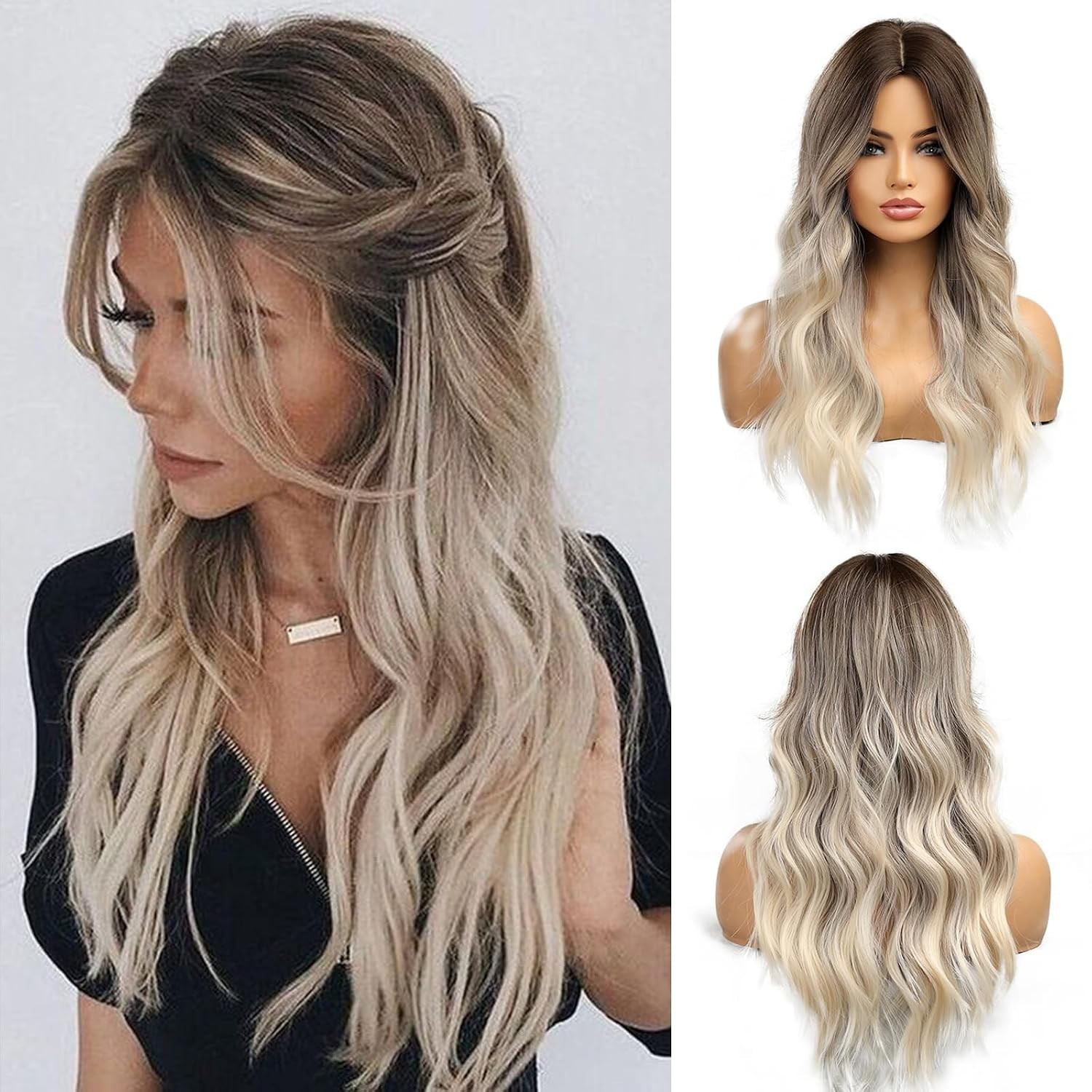 Elegant Long Ombre Wig for Women – 24-Inch Brown to Blonde Heat Resistant Style