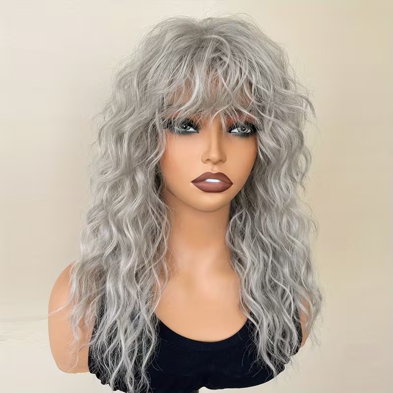 Women’s Gray White Fluffy Water Wave Long Curly Wig Heat Resistant Synthetic