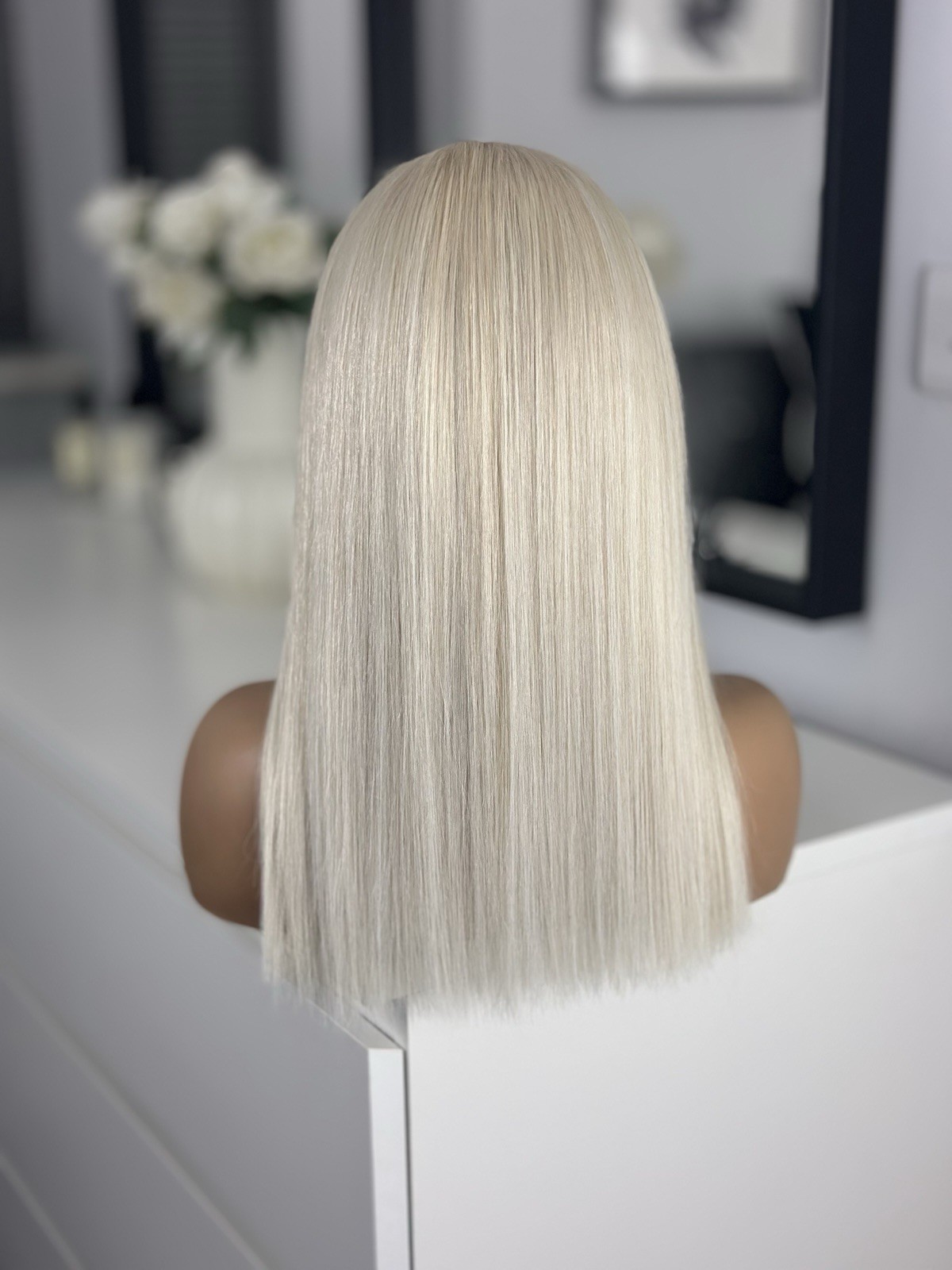 White Platinum Blonde #60 Lace 16” 180% Long Bob 100% Human straight Hair Wig