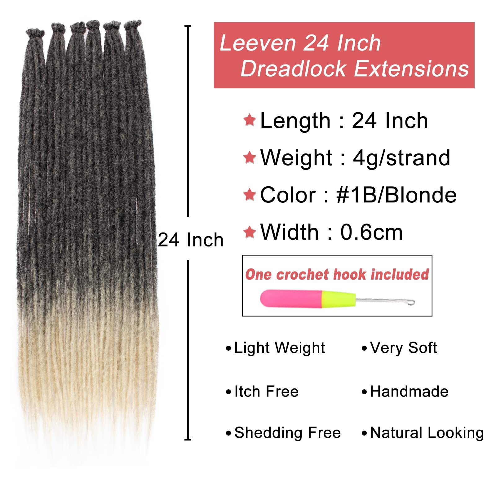 24 Inch Dreadlock Extensions 0.6 cm Width Soft Synthetic Crochet SE Dreads 20…
