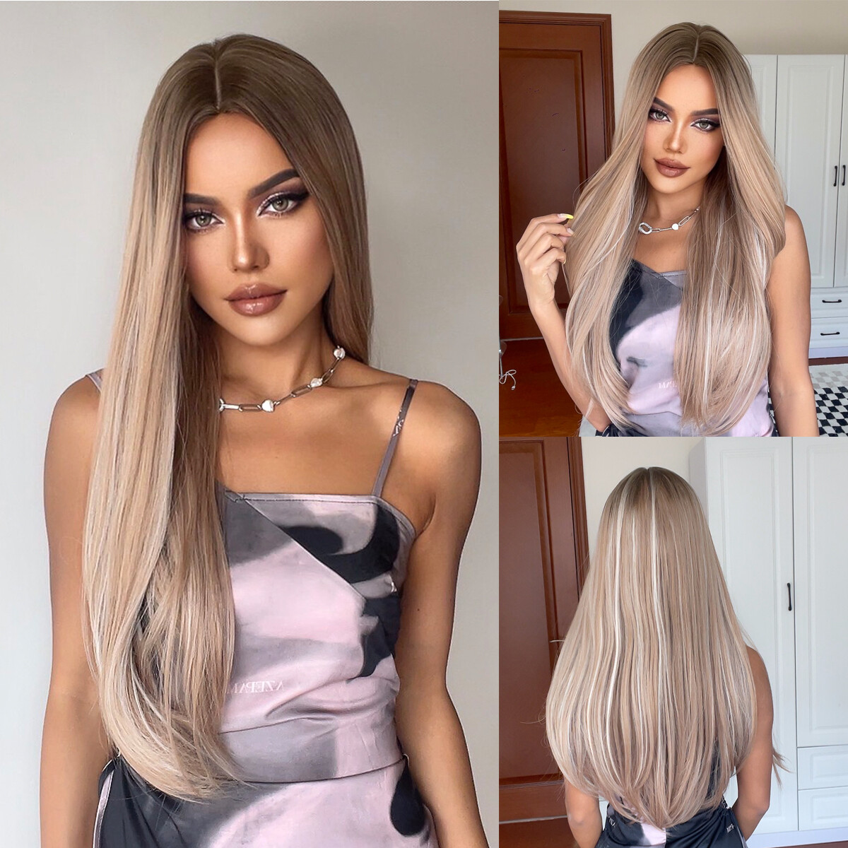 Honey Brown Mixed Blonde Long Straight Synthetic Full Wigs Daily Party Natural