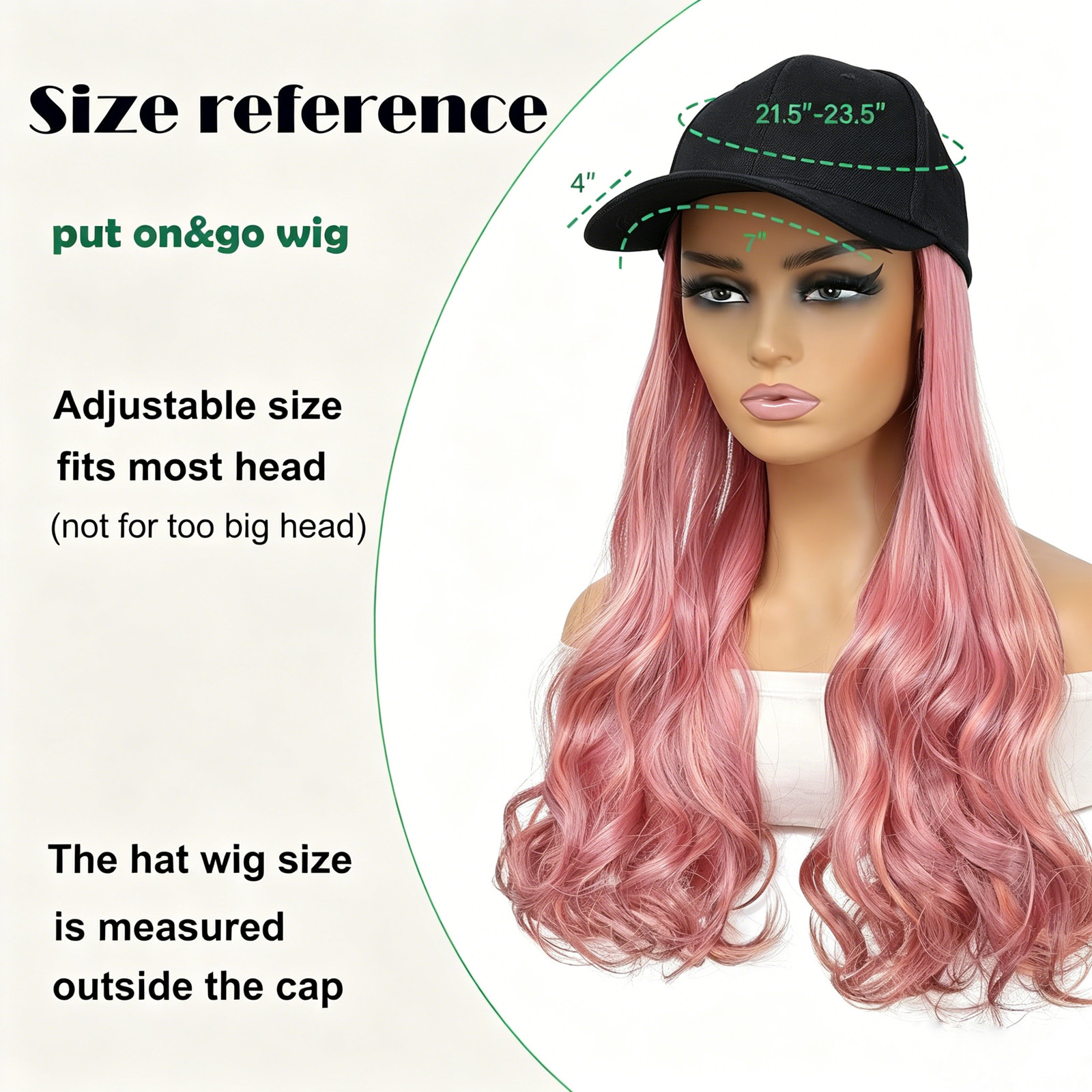 Women Baseball Cap Hat with Long Natural Wavy Synthetic Hair Wig for Party Black
