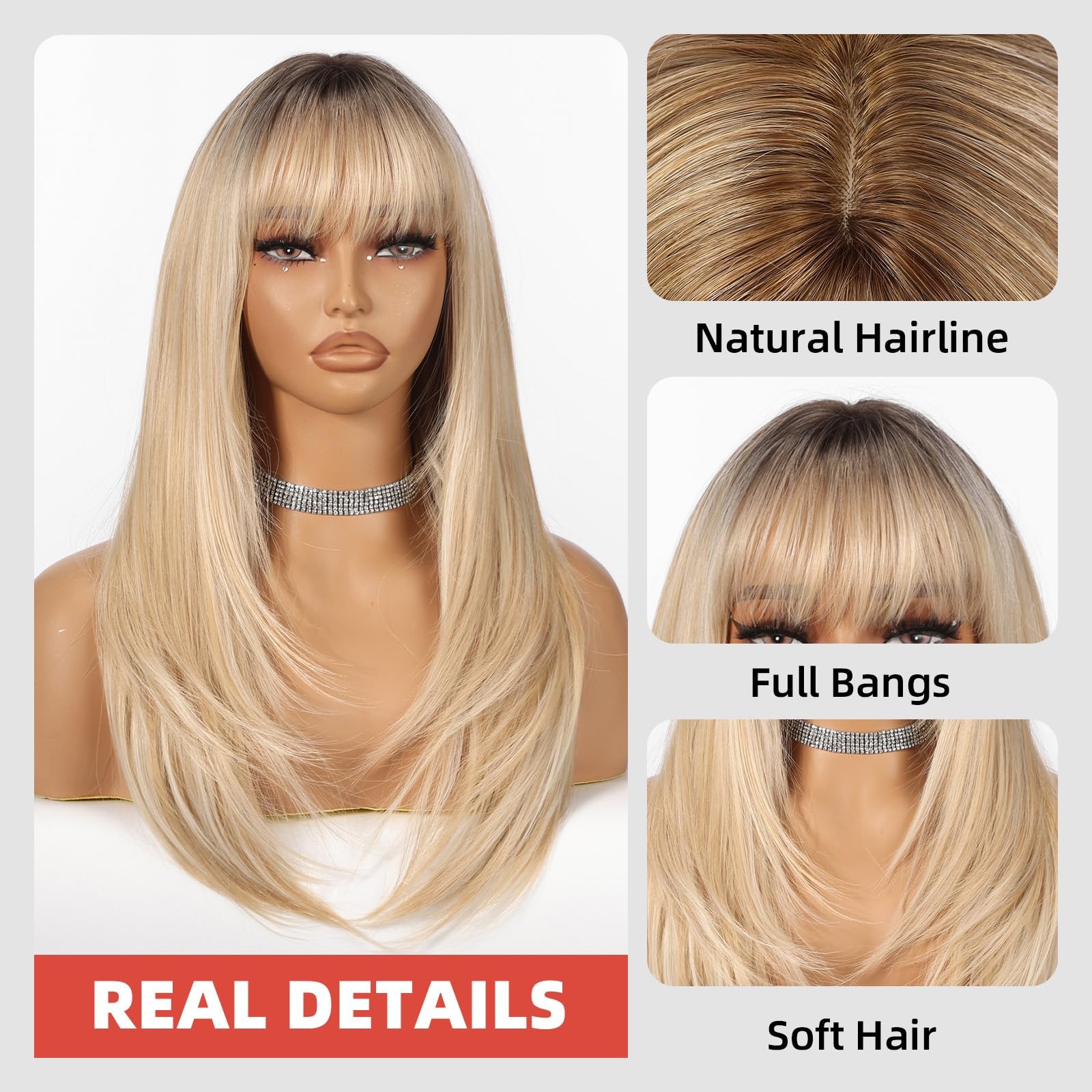 Ombre Blonde Wigs for Women Long Straight layered Wig With Bangs 22 inch Natu…