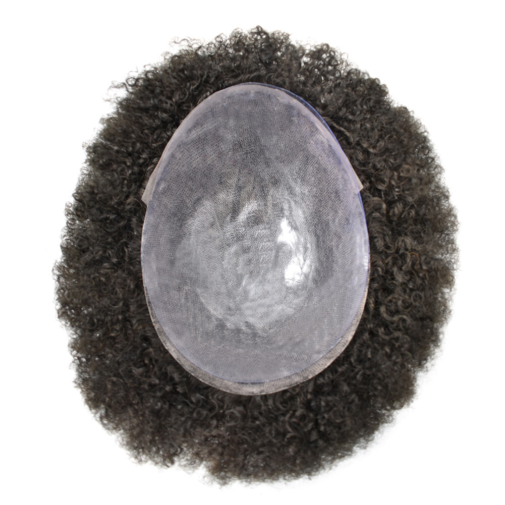 Mens Toupee Afro Curly Full Poly African American Black Real Human Hair Wig PU