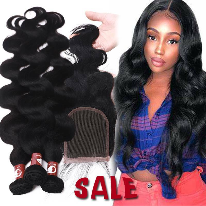 26 28 30 3Bundles with 4*4 Lace Closure 8A Virgin Human Hair WAVY WEFT Brazilian