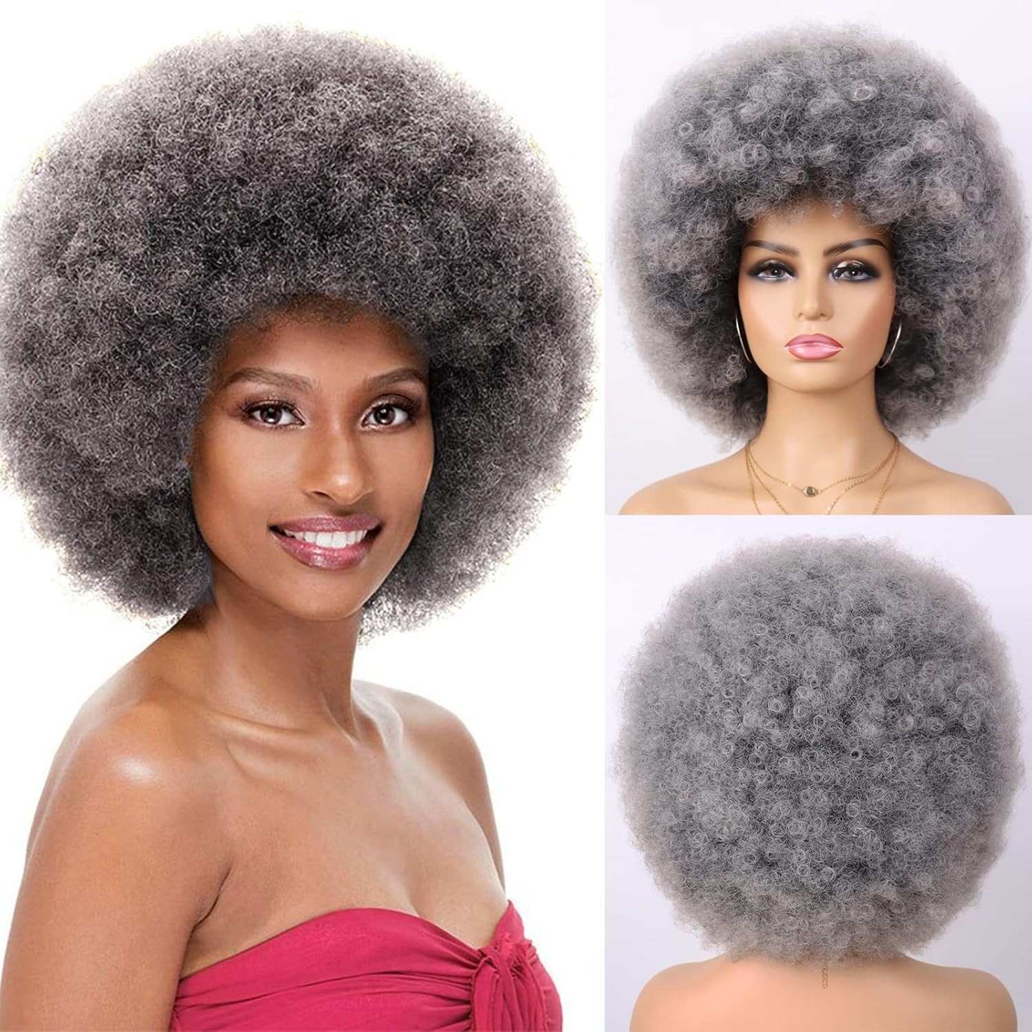 70s Dark Grey Afro Curly Wigs for Unisex Men Women Glueless Wear and Go Wig L…