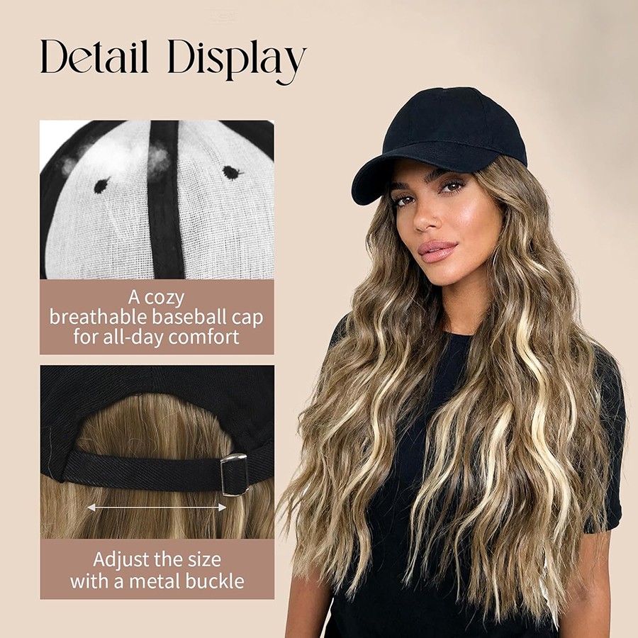 Instant Style Long Curly Cap Wig Adjustable Baseball Hat with Attached Hair