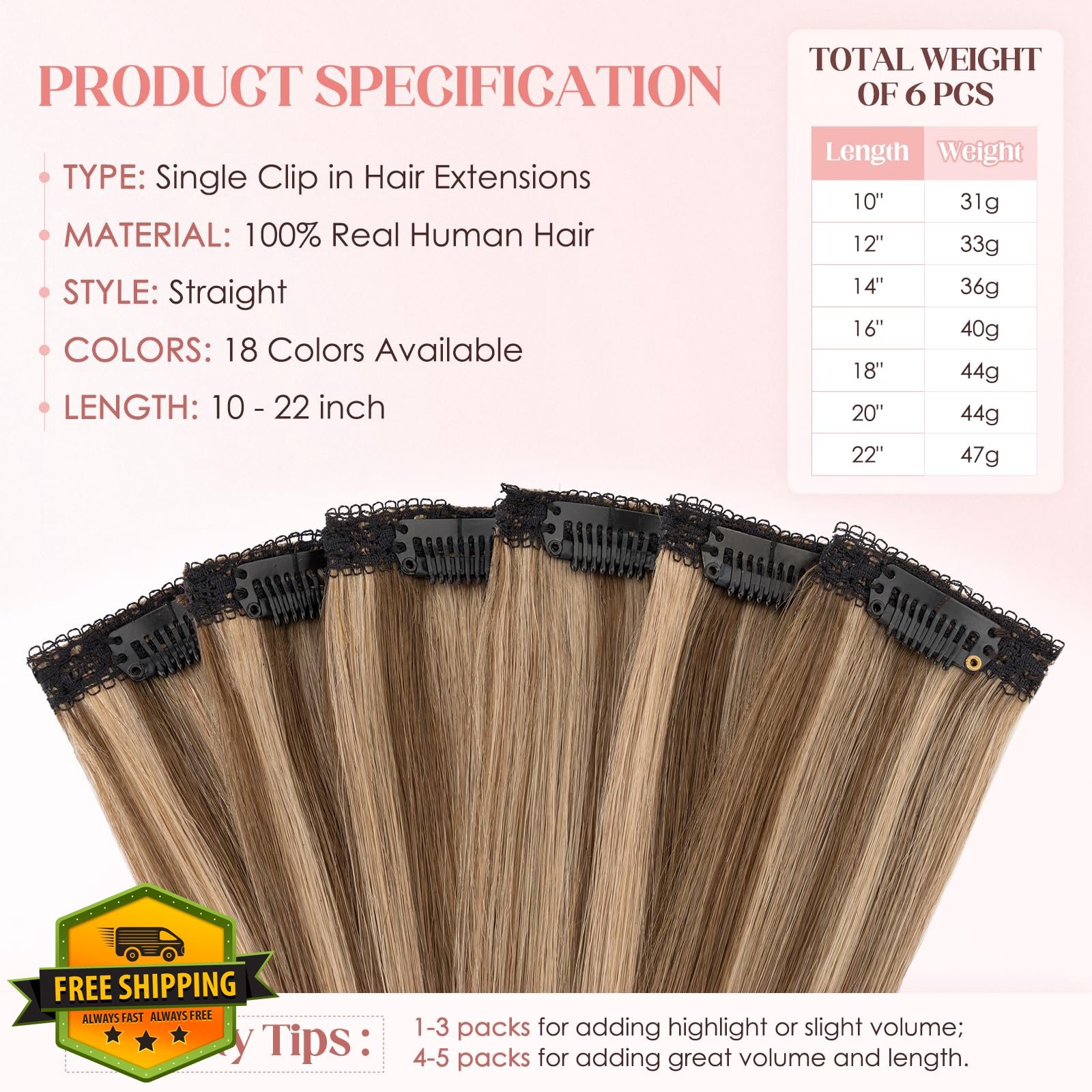 Hairro 16 Inch #4P27 Clip In Extensions