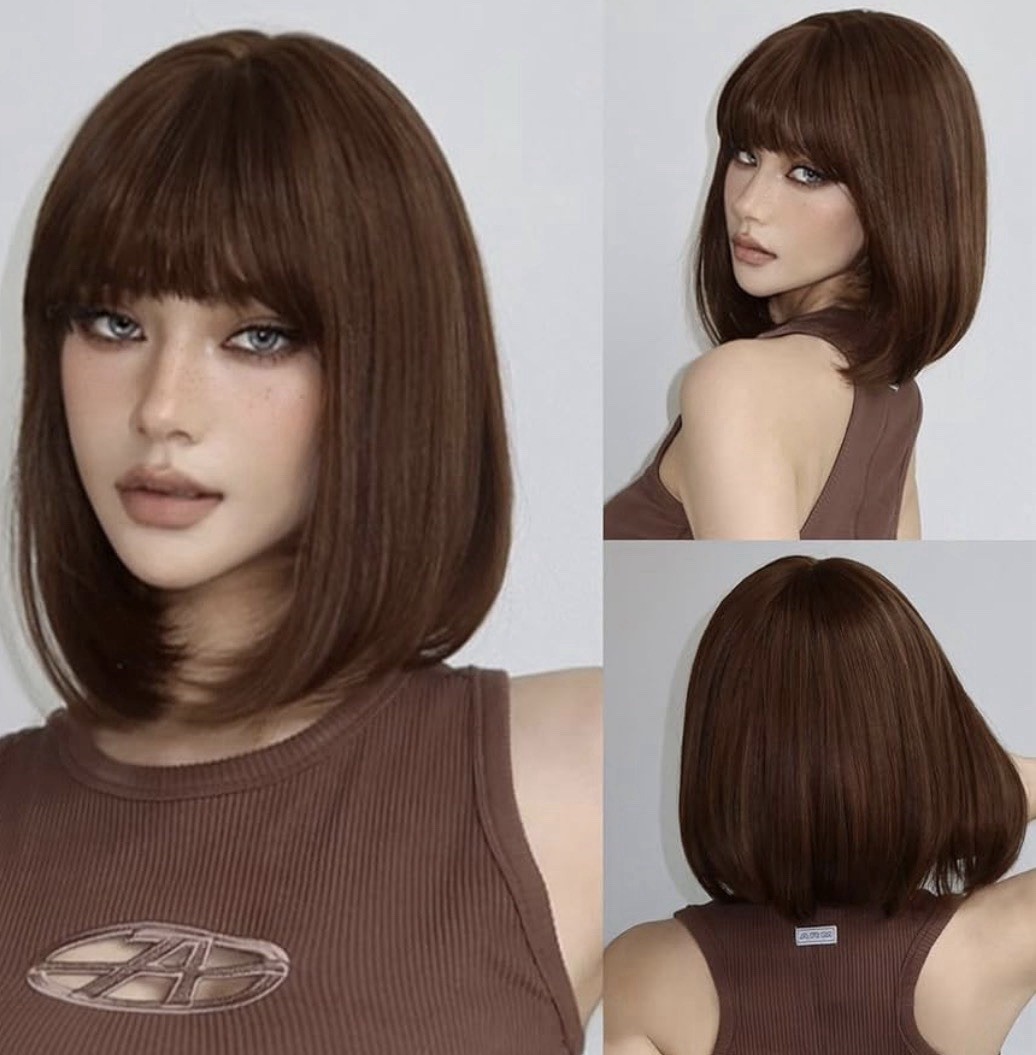 12” Short Straight w/ Bangs Hair Wig w/ Bangs In Medium Warm Brown Onpep