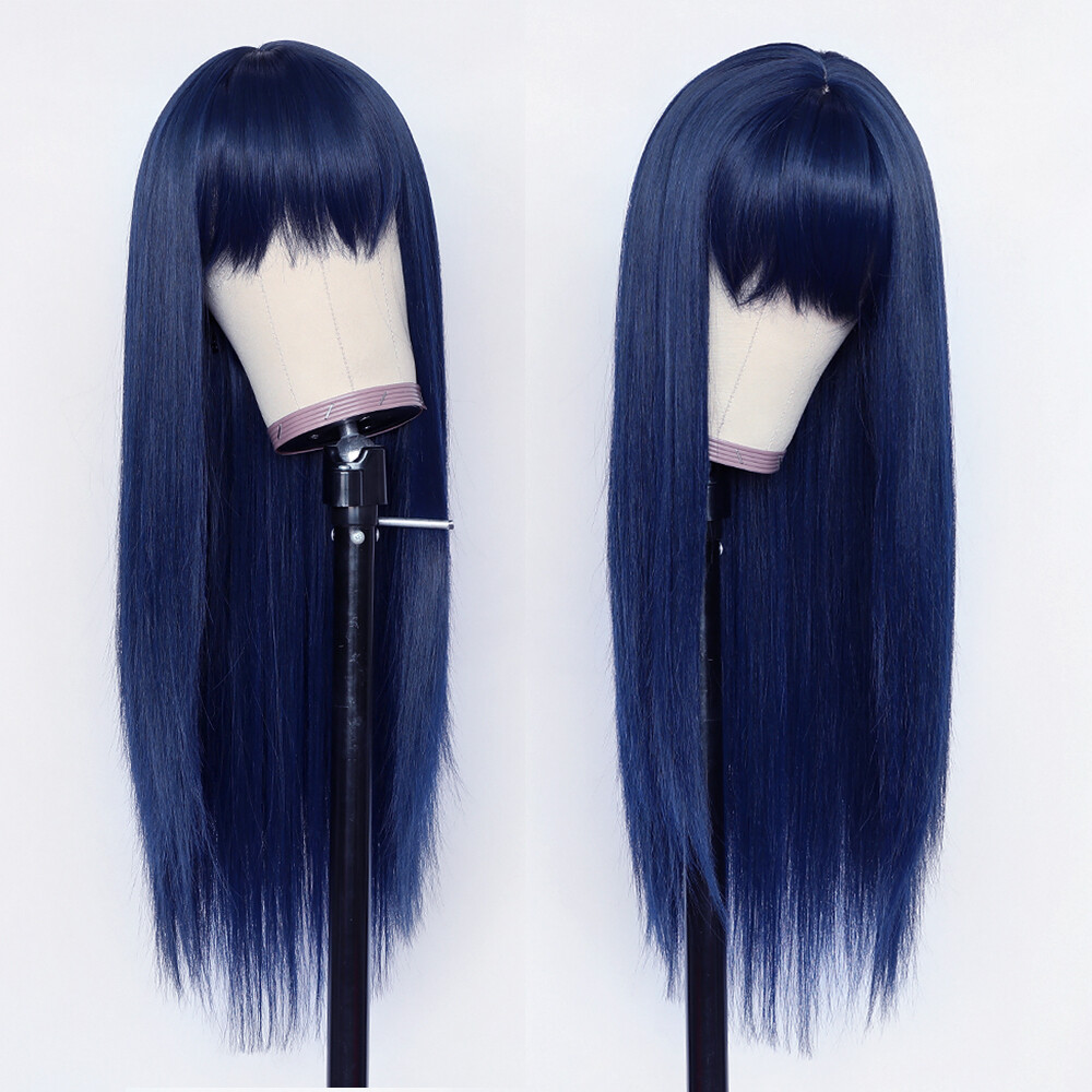Blue Synthetic Hair Party Wigs Silk Top Bangs No Lace Wig Fashion Women Cosplay