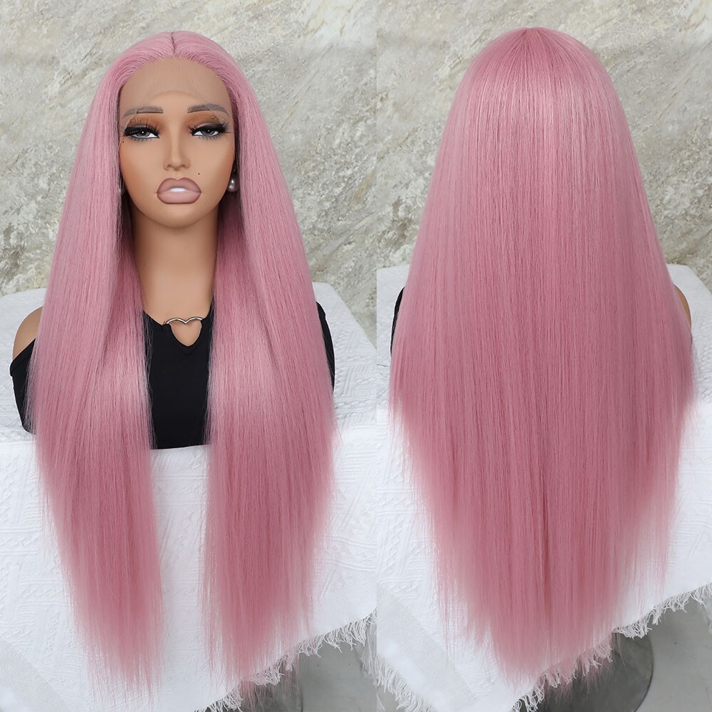 Pink Lace Front Wig 32 Inch Long Straight Hair Synthetic Heat Resistant Glueless
