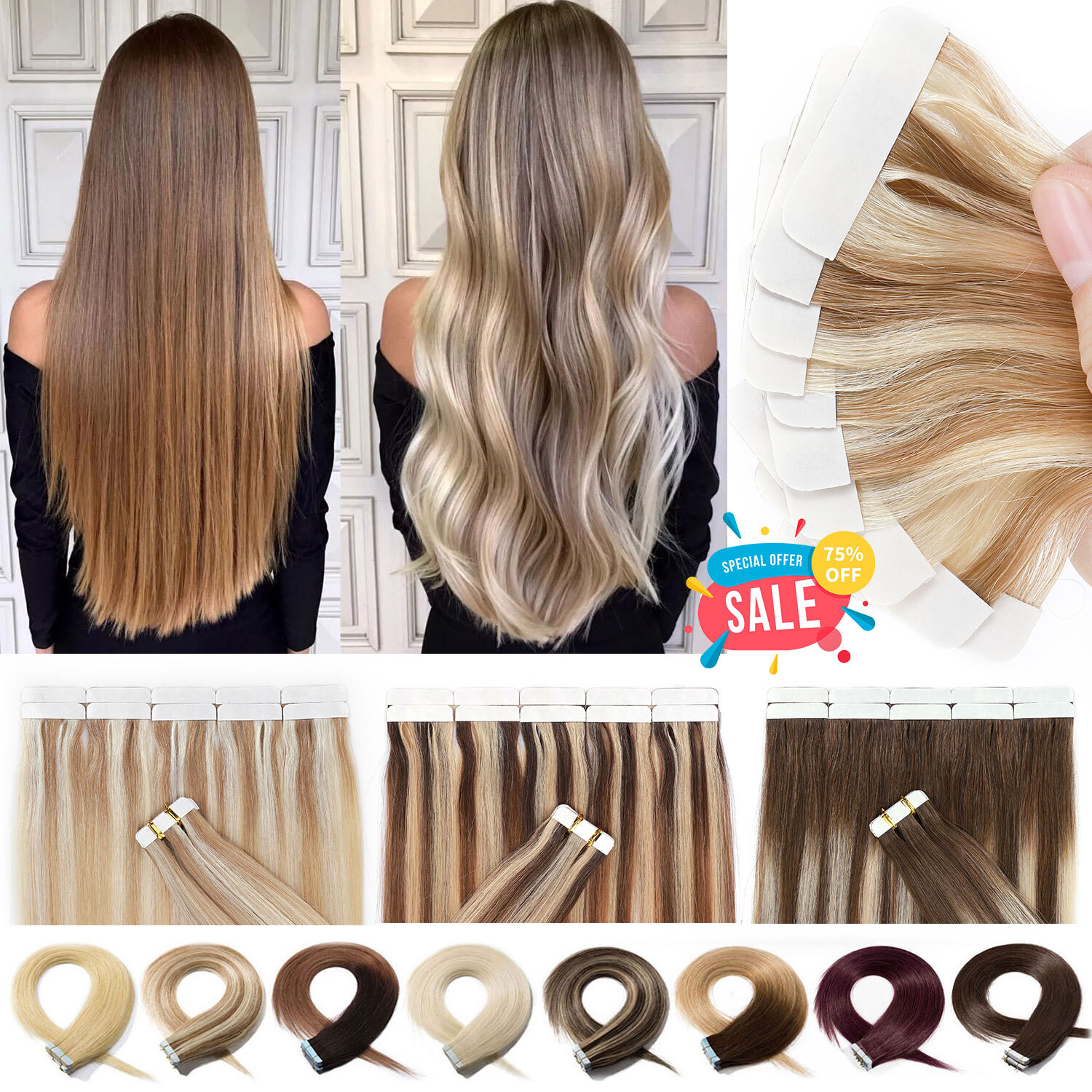 10-80PCS Thick Tape In Remy Human Hair Extensions Full Head Skin Weft Balayage X