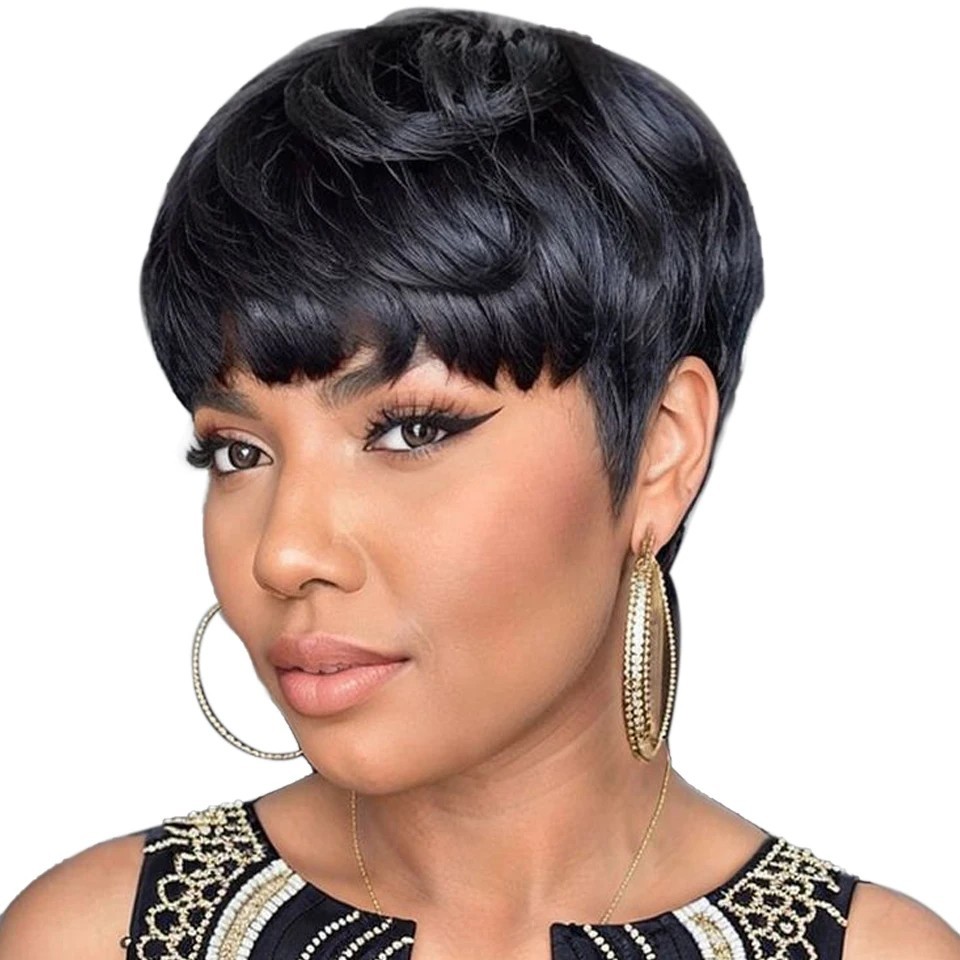Pixie Short Cut Colored Straight Human Hair Wig Bangs Women Fashion Beauty Gift
