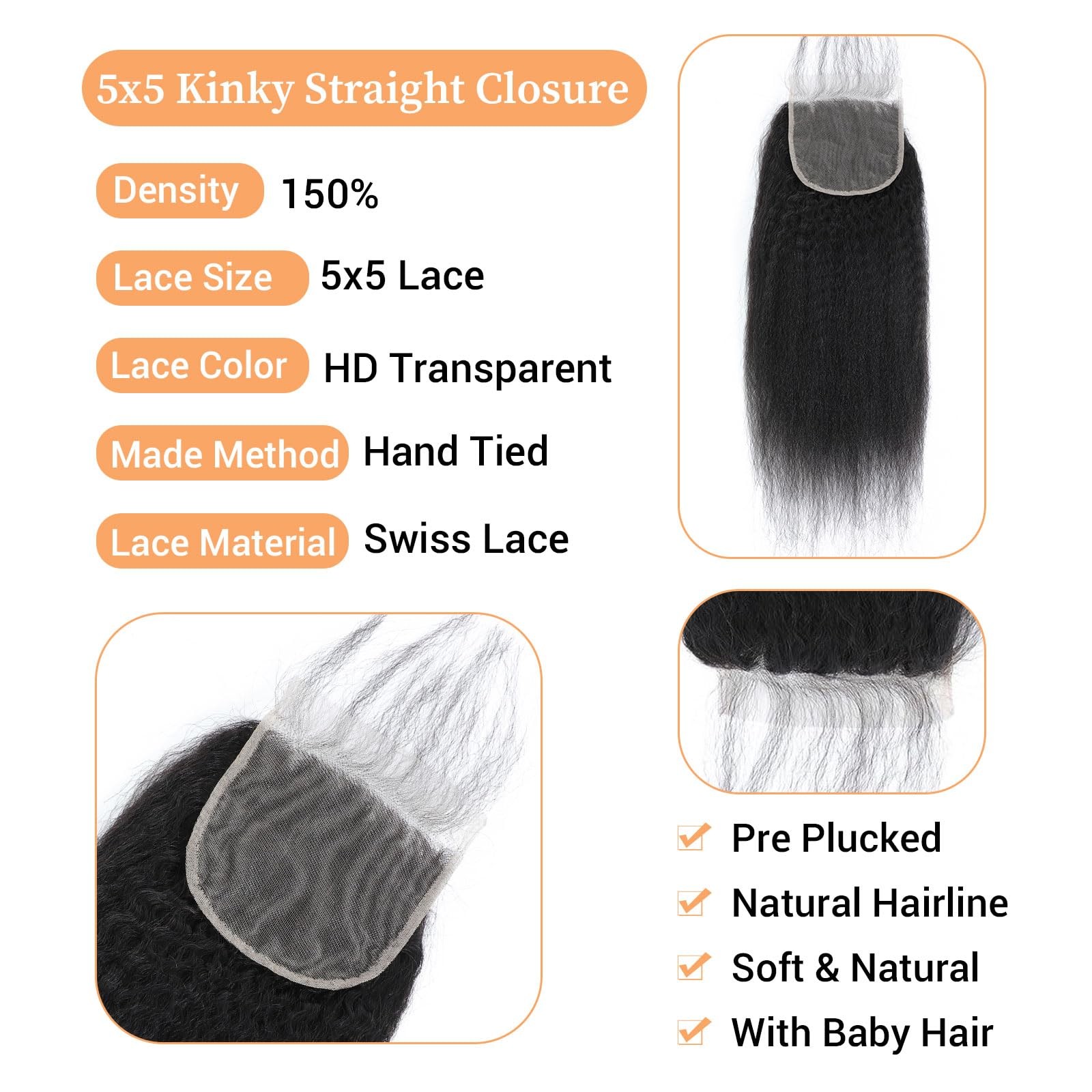 Mootaful 5X5 Transparent Hd Lace Closure Human Hair Kinky Straight 18 Inch