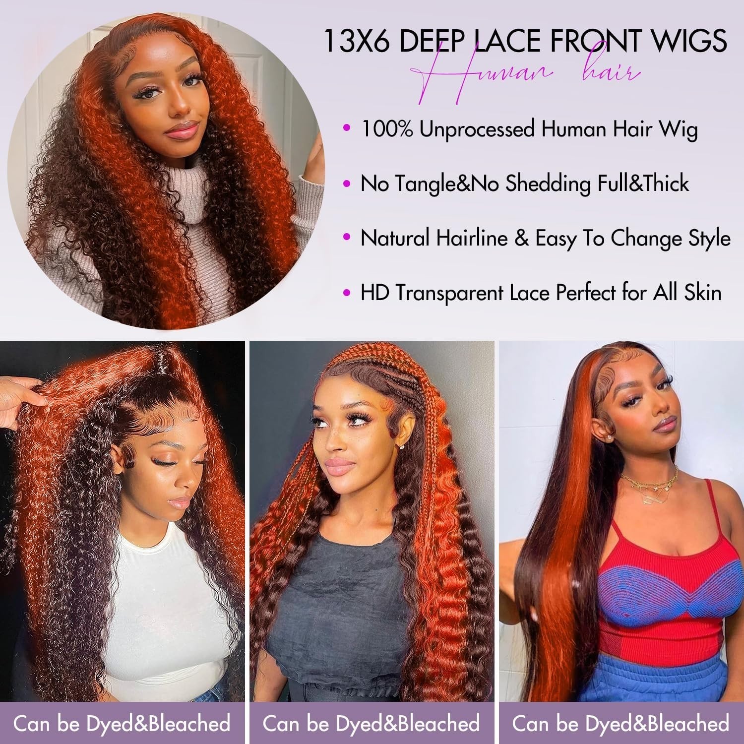 250 Density Deep Wave Lace Front Wig – Pre Plucked, Glueless, 24″ Ginger Orange