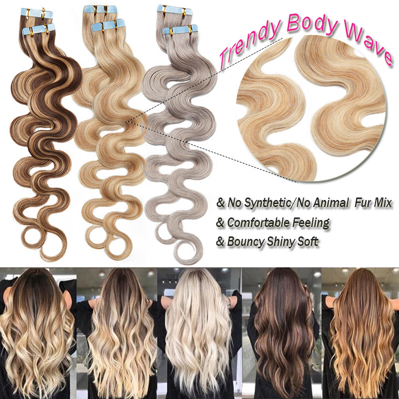 Seamless BODY WAVE Tape In Virgin Human Hair Extensions 80pcs Skin Weft THICK US
