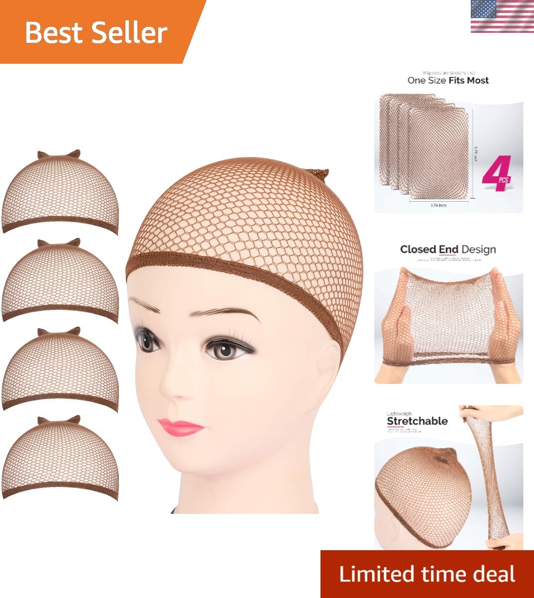 Durable & Natural-Looking 4PCS Wig Caps for Women, Men, Kids – Dark Brown