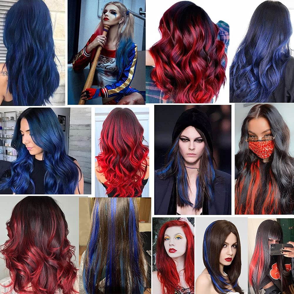 12 PCS Red and Blue Hair Extensions Clip in,Colored Party 21inch Highlights Stra