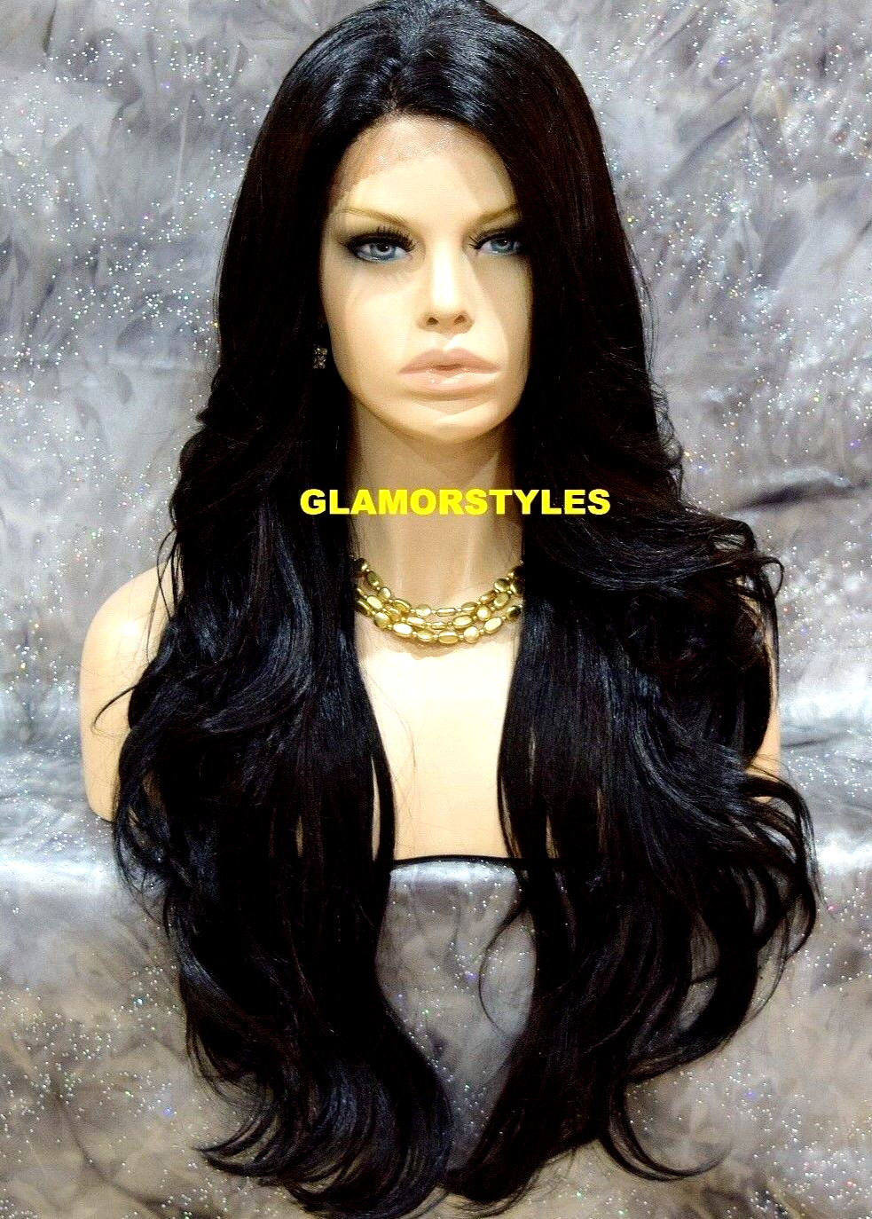 LACE FRONT FULL WIG LONG WAVY LAYERED SIDE PART OFF BLACK #1B HEAT OK NWT
