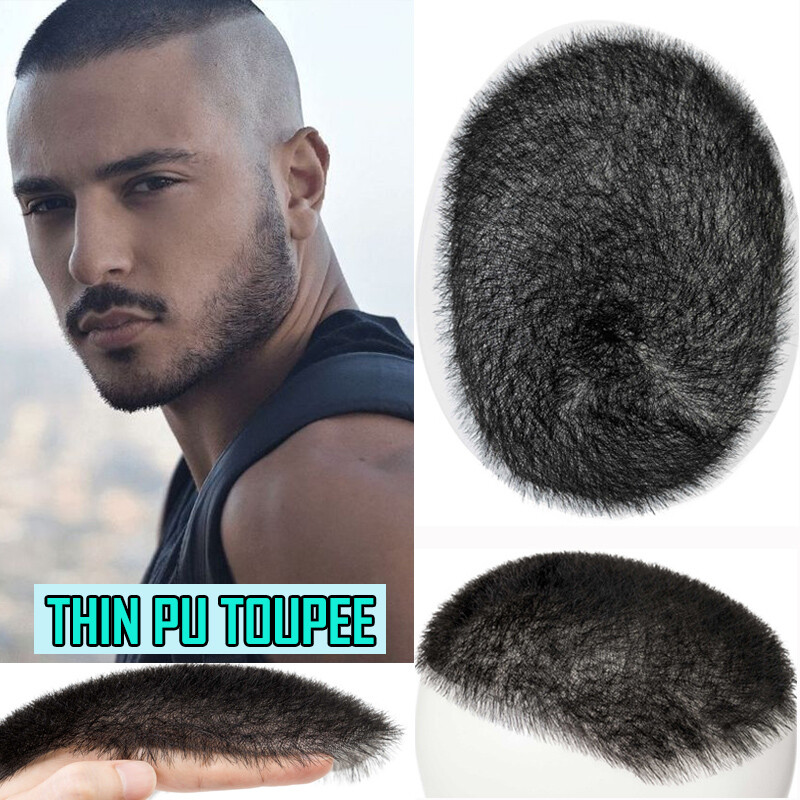 Mens Short Human Hair Ultra Thin PU Toupee Buzz Cut Replacement System Wig 5″x7″