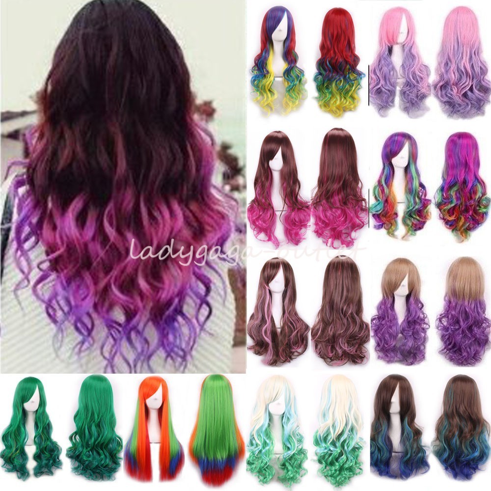Pastel Pink Purple Red Dark Ombre Wigs Long Cosplay Hair Women Straight Wavy Wig