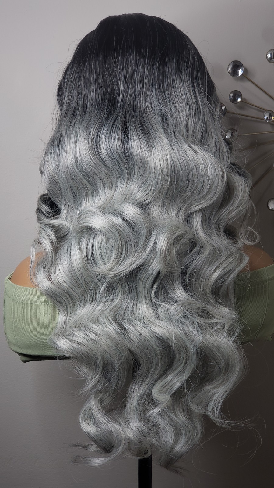 New Long Curly Money Piece Silver Gray Black Lace Front Wig Womens Wavy Style
