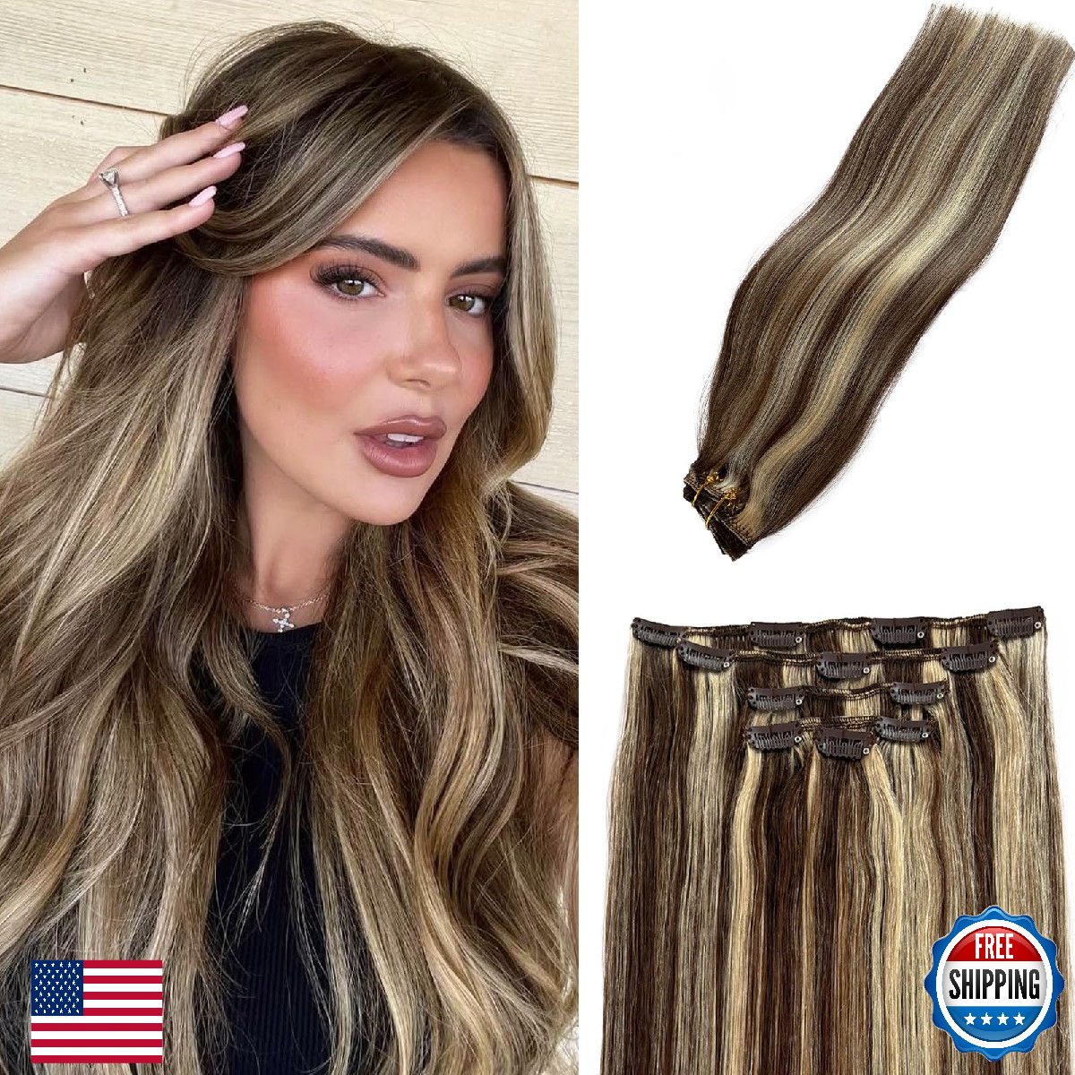 Remy Clip in Hair Extensions Brown Blonde Highlights 22 Inch Human Hair 5pcs Dou