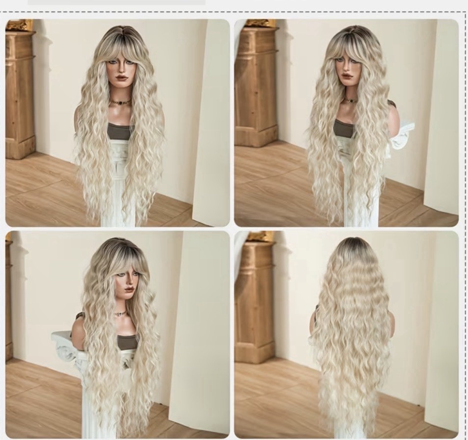 Long Wavy Blonde Synthetic Lace Front Wig w/ Dark Roots & Bangs, One Size