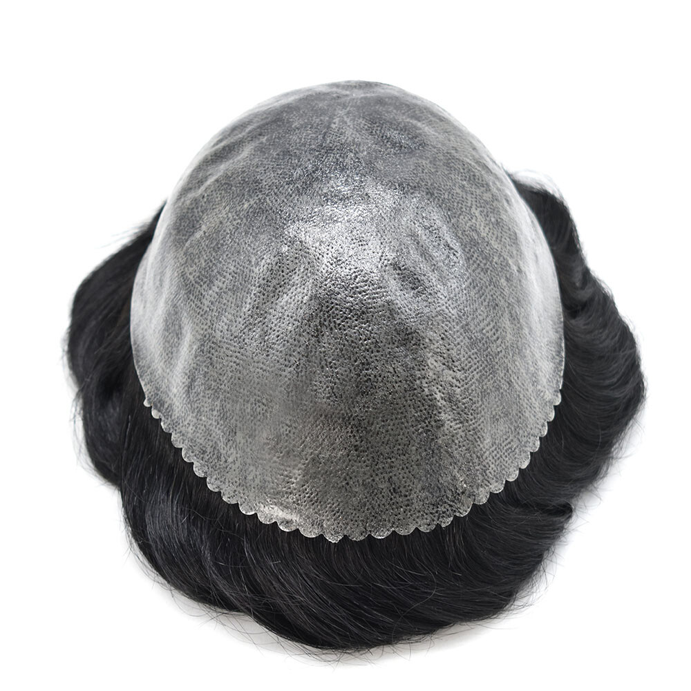 Mens Human Hair Replacement Medium Skin V-loop Scalloped Toupee Hairpiece Wig