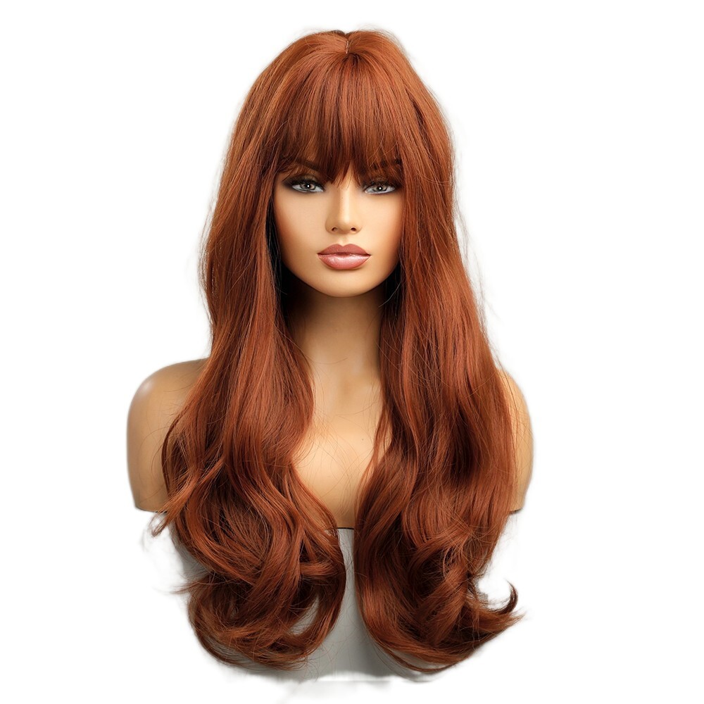 Synthetic Hair Heat Resistant Dress Up Wig With Bangs Copper Red Long Wavy