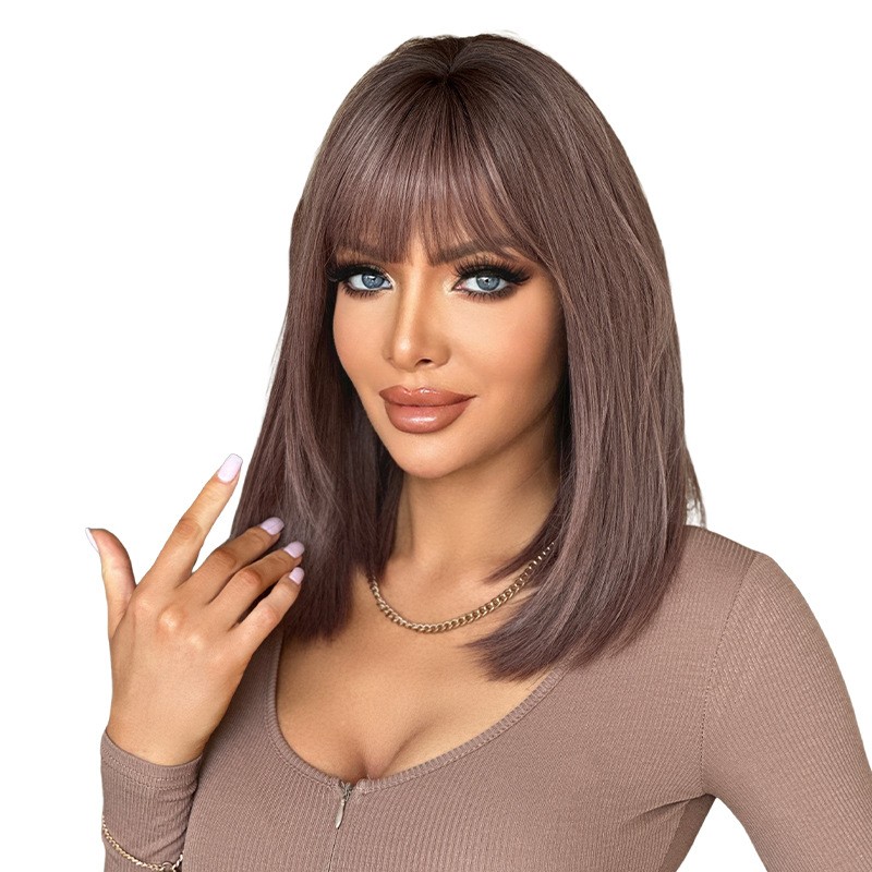 Pink Purple Straight Wig with Bangs Heat-Resistant Layered Synthetic Hair 17″